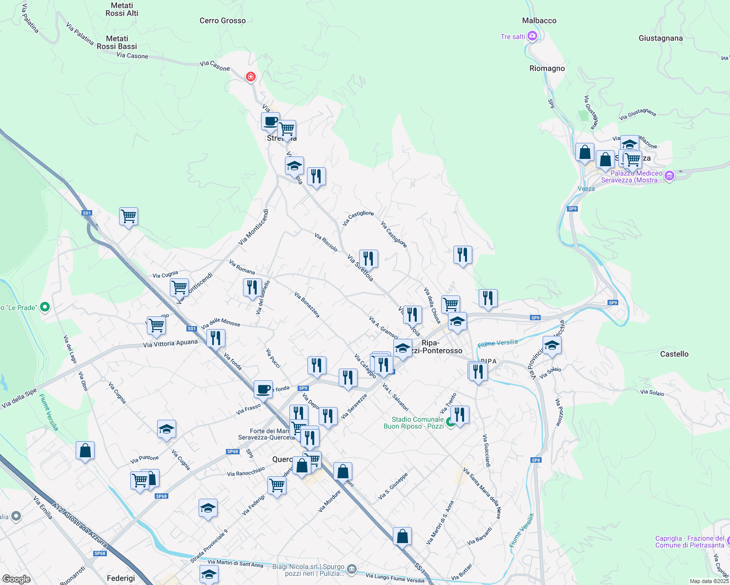map of restaurants, bars, coffee shops, grocery stores, and more near 39 Via Strettoia in Strettoia