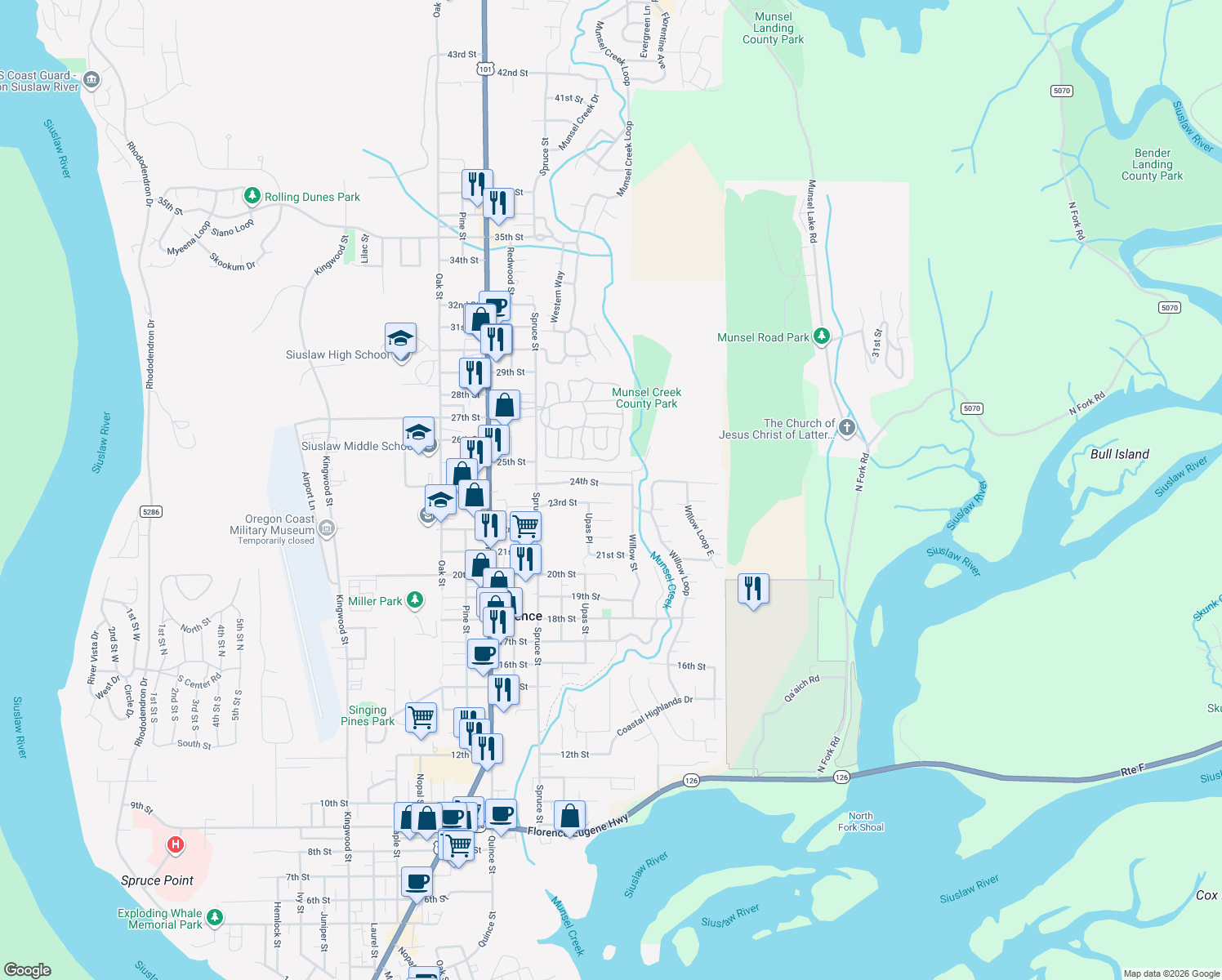 map of restaurants, bars, coffee shops, grocery stores, and more near 2332 24th Street in Florence