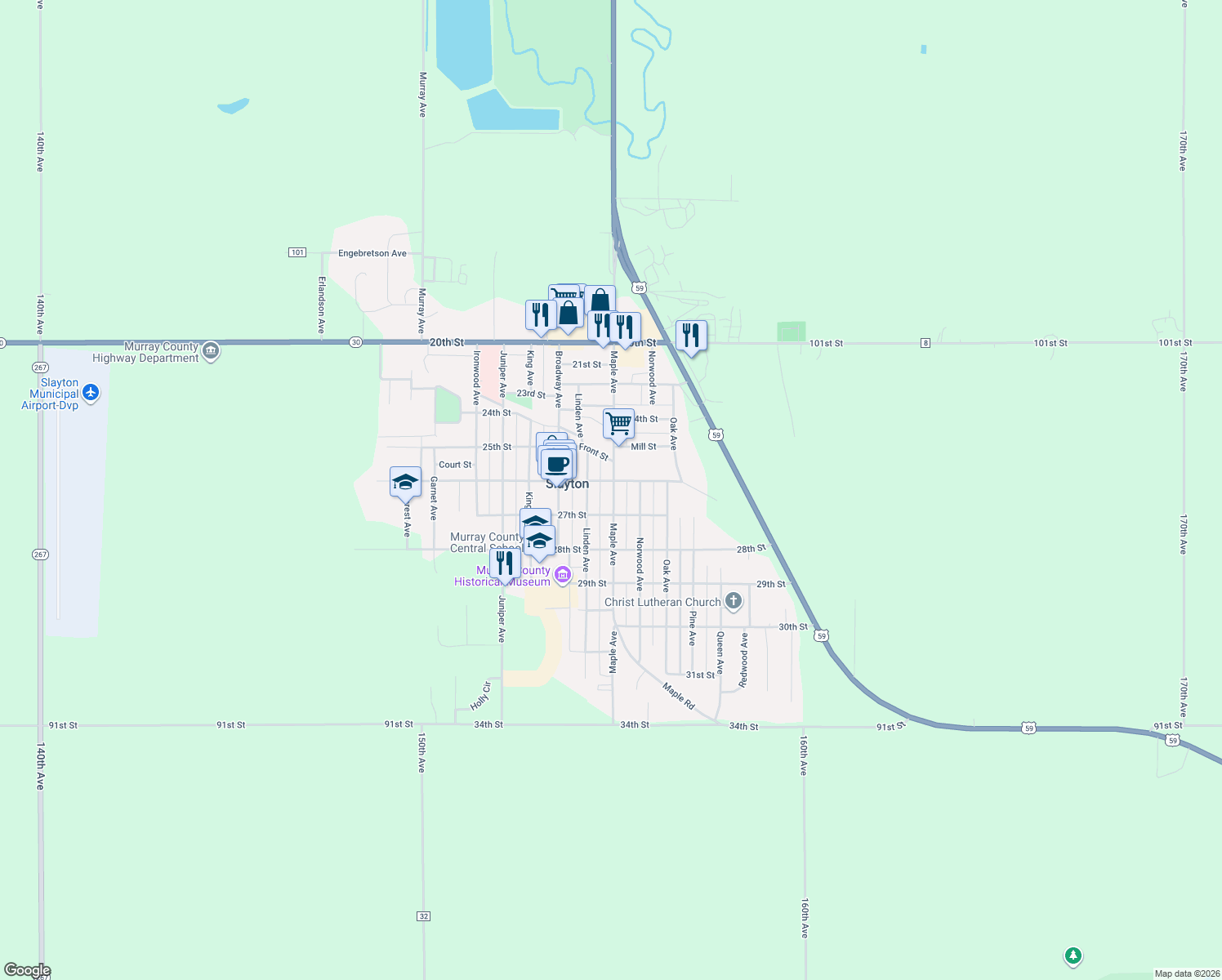 map of restaurants, bars, coffee shops, grocery stores, and more near 2624 Maple Avenue in Slayton