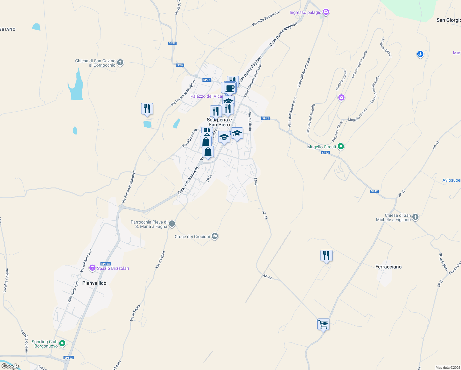 map of restaurants, bars, coffee shops, grocery stores, and more near 15 Via Alcide de Gasperi in Scarperia e San Piero