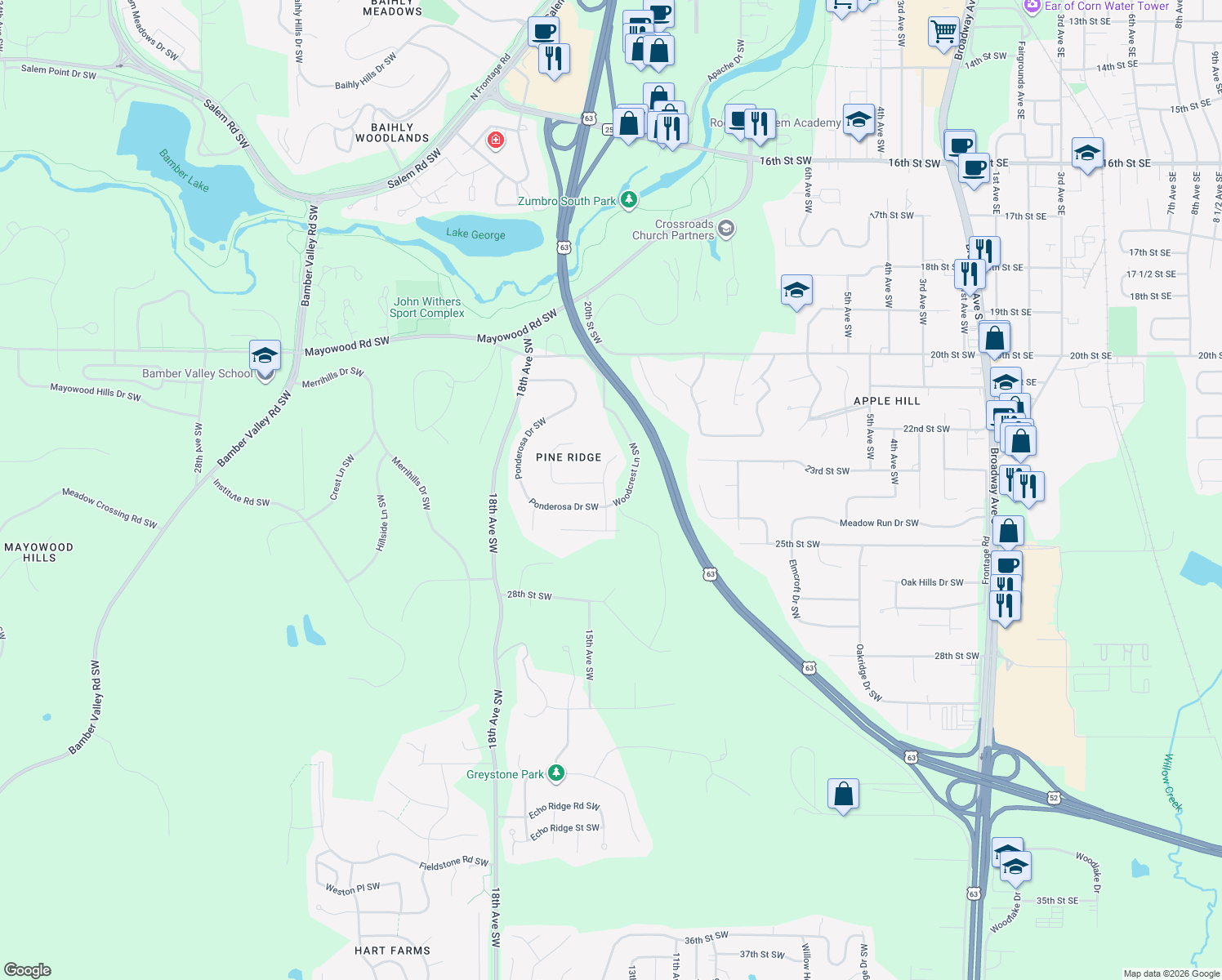 map of restaurants, bars, coffee shops, grocery stores, and more near 2318 Red Pine Avenue Southwest in Rochester