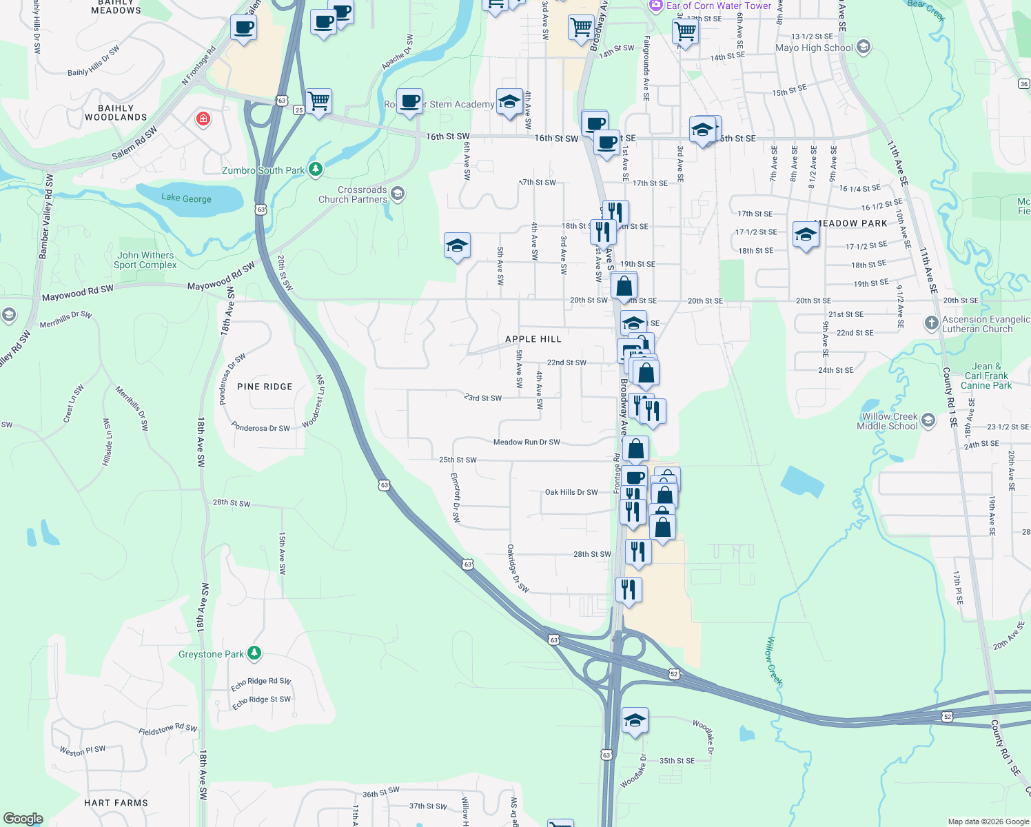 map of restaurants, bars, coffee shops, grocery stores, and more near 507 24th Street Southwest in Rochester