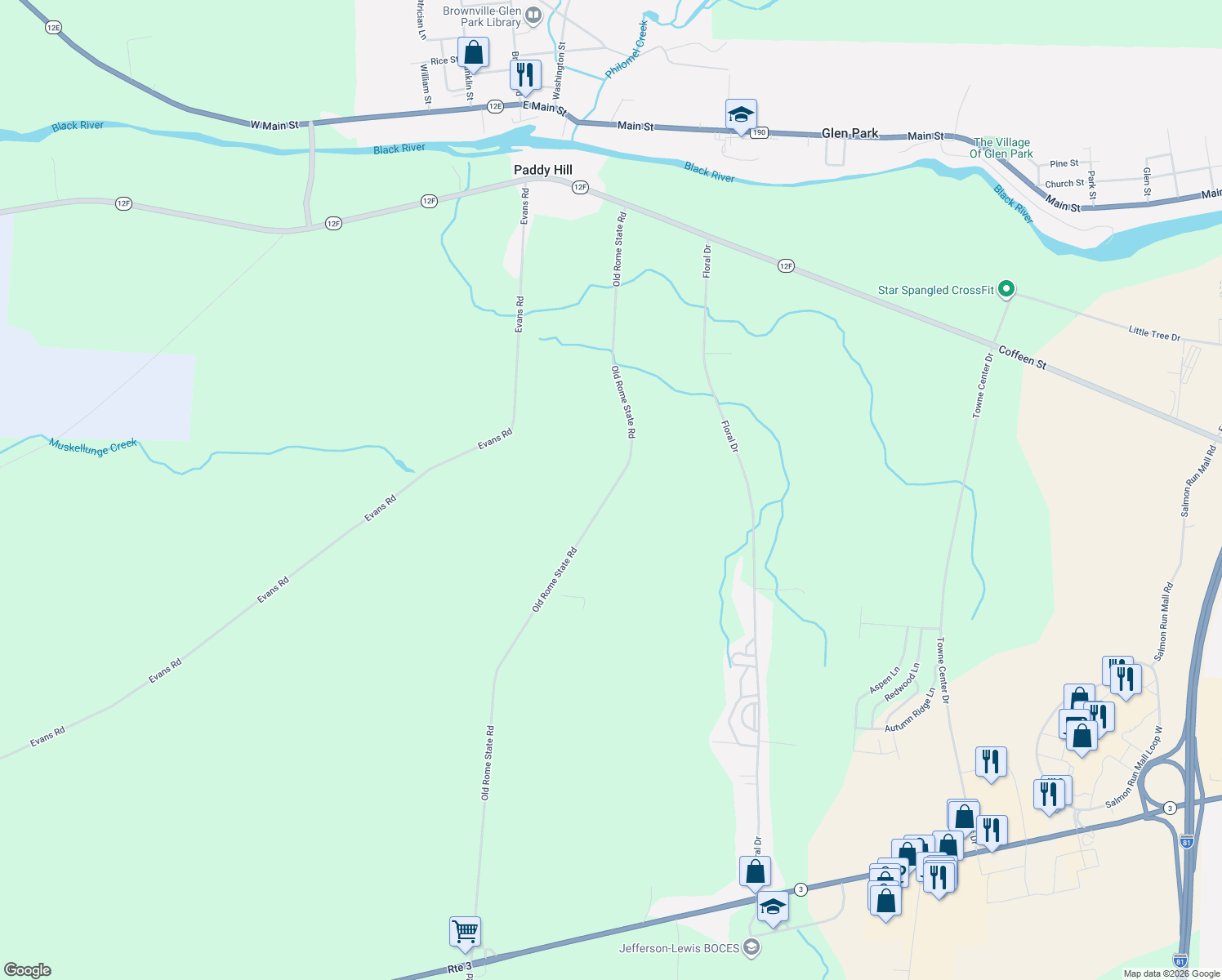 map of restaurants, bars, coffee shops, grocery stores, and more near 21429 Old Rome State Road in Watertown