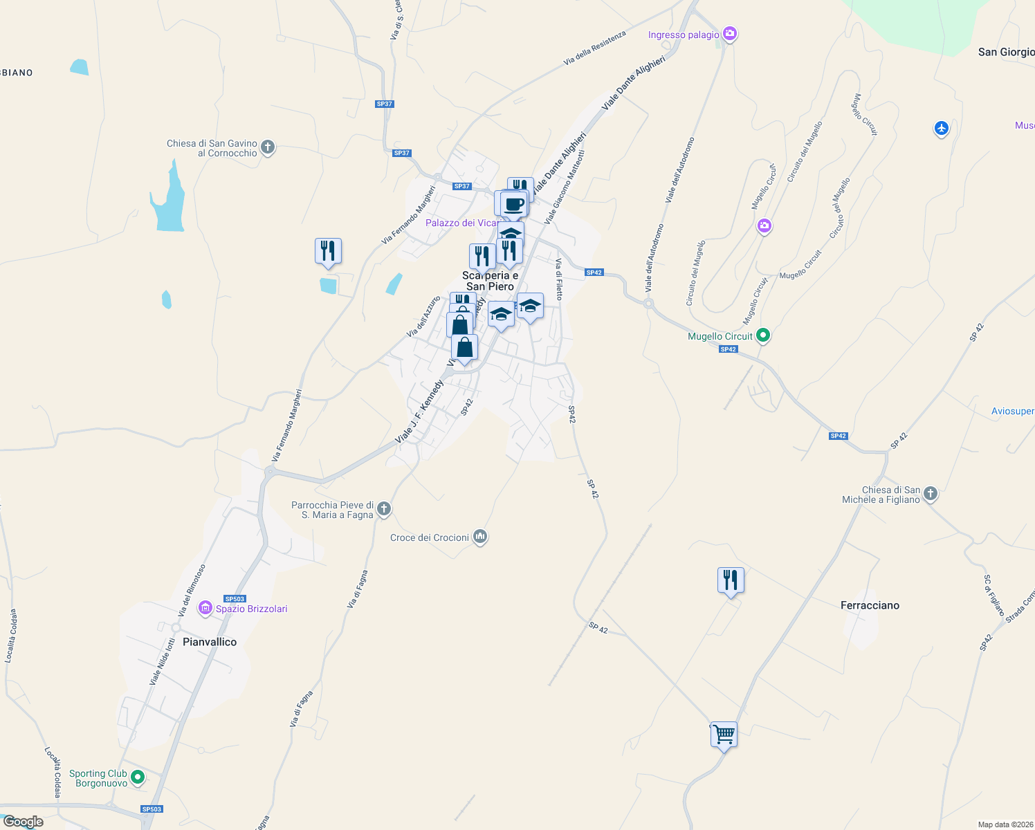 map of restaurants, bars, coffee shops, grocery stores, and more near 15 Via Alcide de Gasperi in Scarperia e San Piero