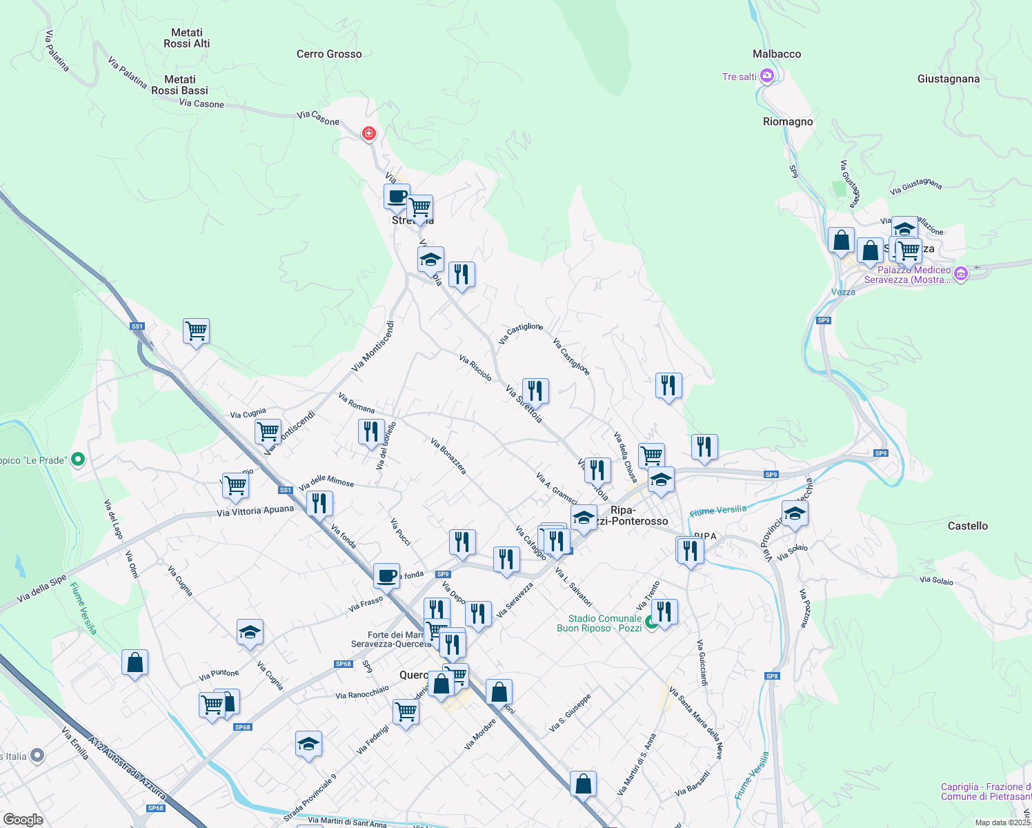 map of restaurants, bars, coffee shops, grocery stores, and more near 39 Via Strettoia in Strettoia