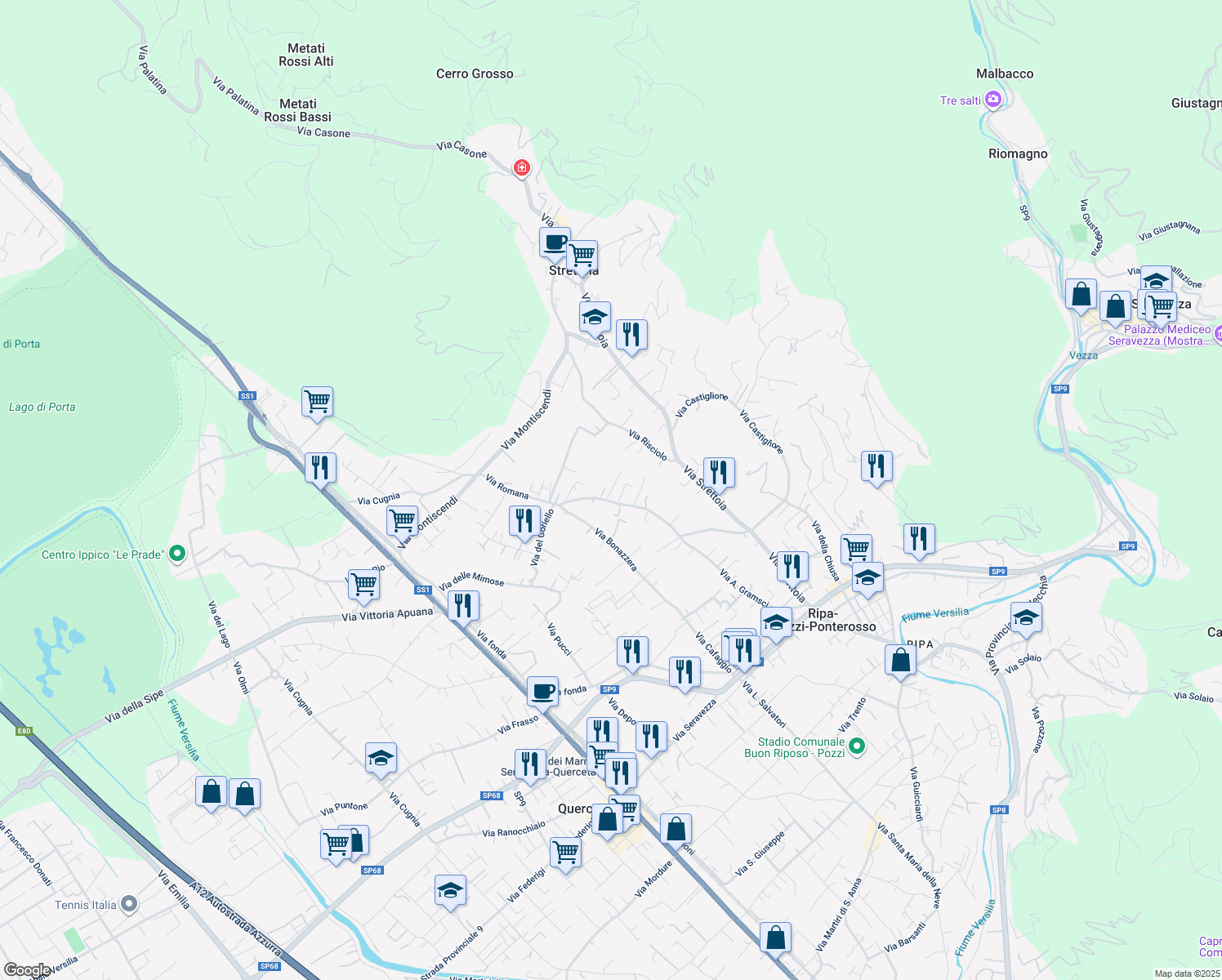 map of restaurants, bars, coffee shops, grocery stores, and more near 105 Via Romana in Strettoia