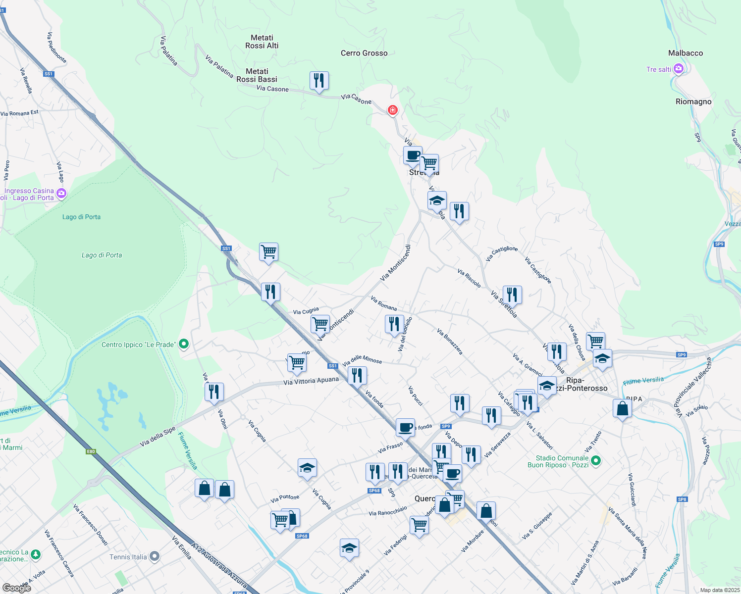 map of restaurants, bars, coffee shops, grocery stores, and more near 131 Via Montiscendi in Strettoia