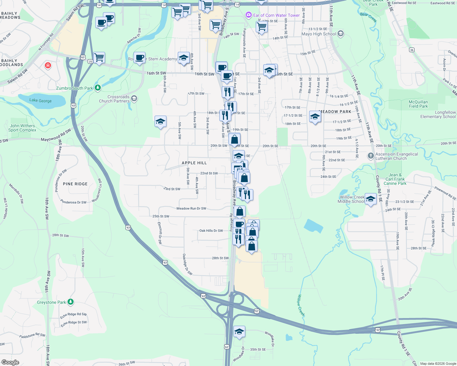 map of restaurants, bars, coffee shops, grocery stores, and more near 2210 1st Avenue Southwest in Rochester
