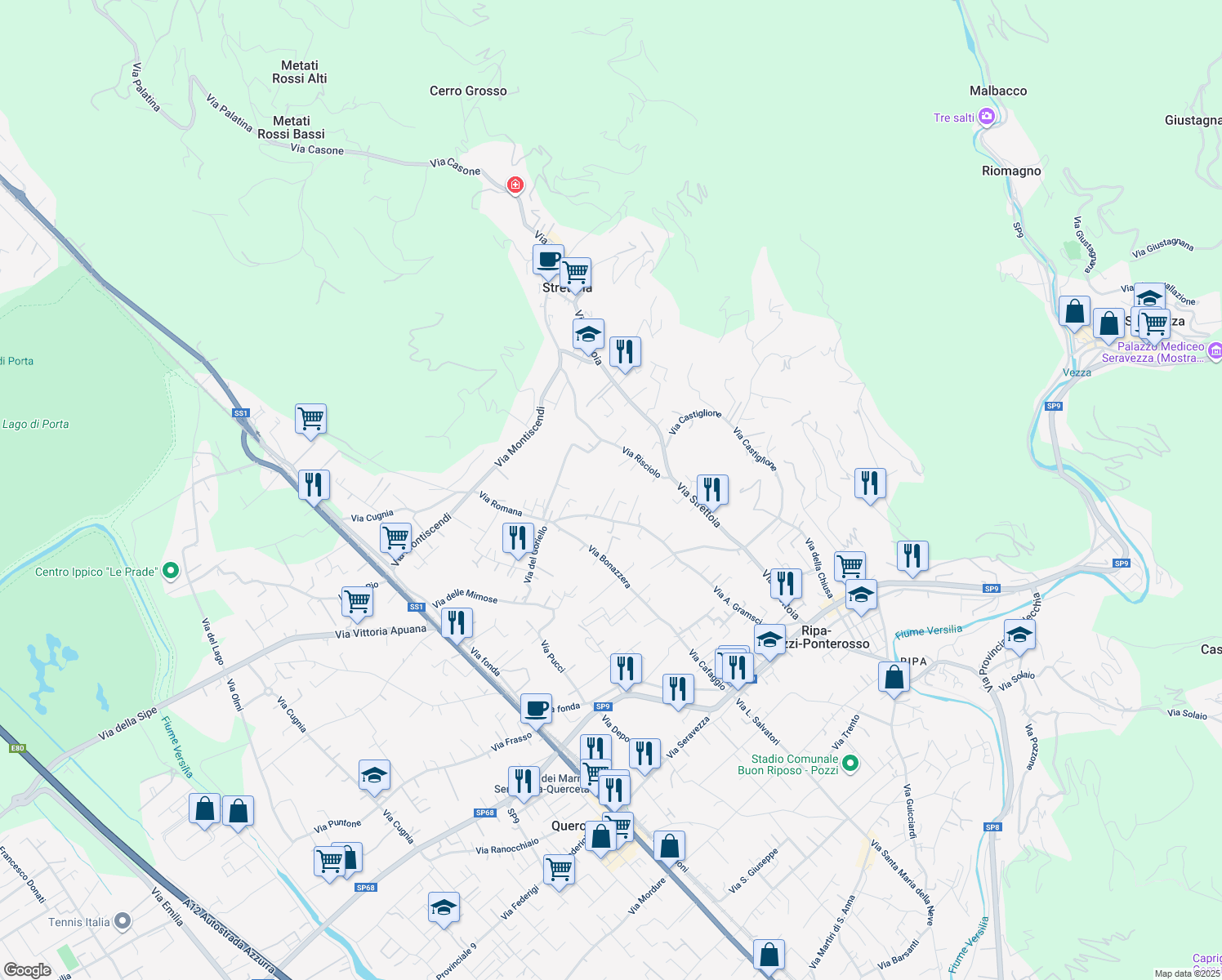map of restaurants, bars, coffee shops, grocery stores, and more near 105 Via Romana in Strettoia
