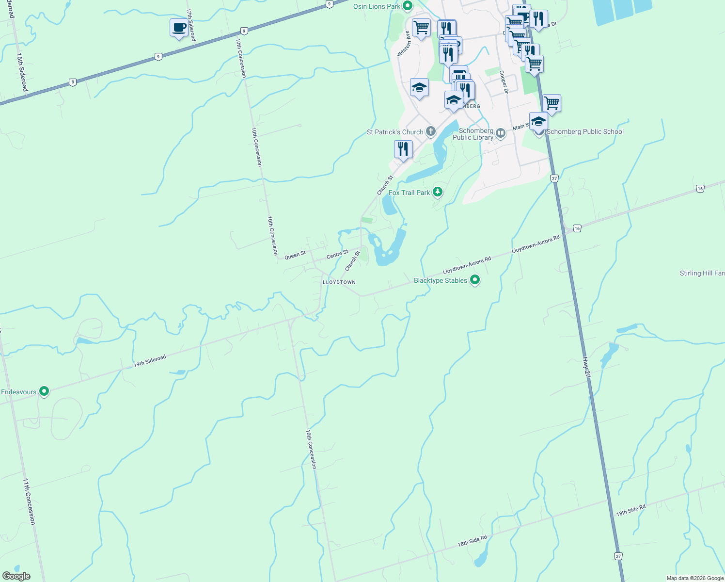 map of restaurants, bars, coffee shops, grocery stores, and more near 6550 Lloydtown-Aurora Road in Schomberg