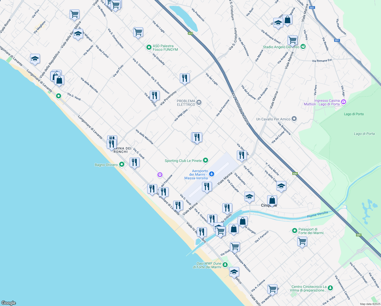 map of restaurants, bars, coffee shops, grocery stores, and more near 116 Via del Fescione in Capanne-prato-cinquale