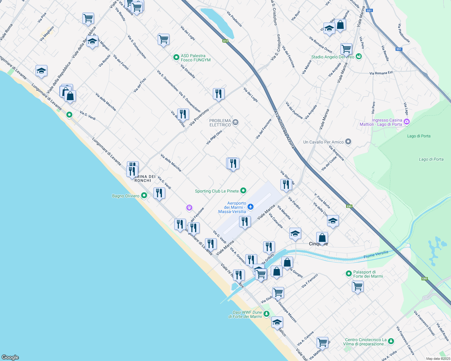 map of restaurants, bars, coffee shops, grocery stores, and more near 116 Via del Fescione in Massa