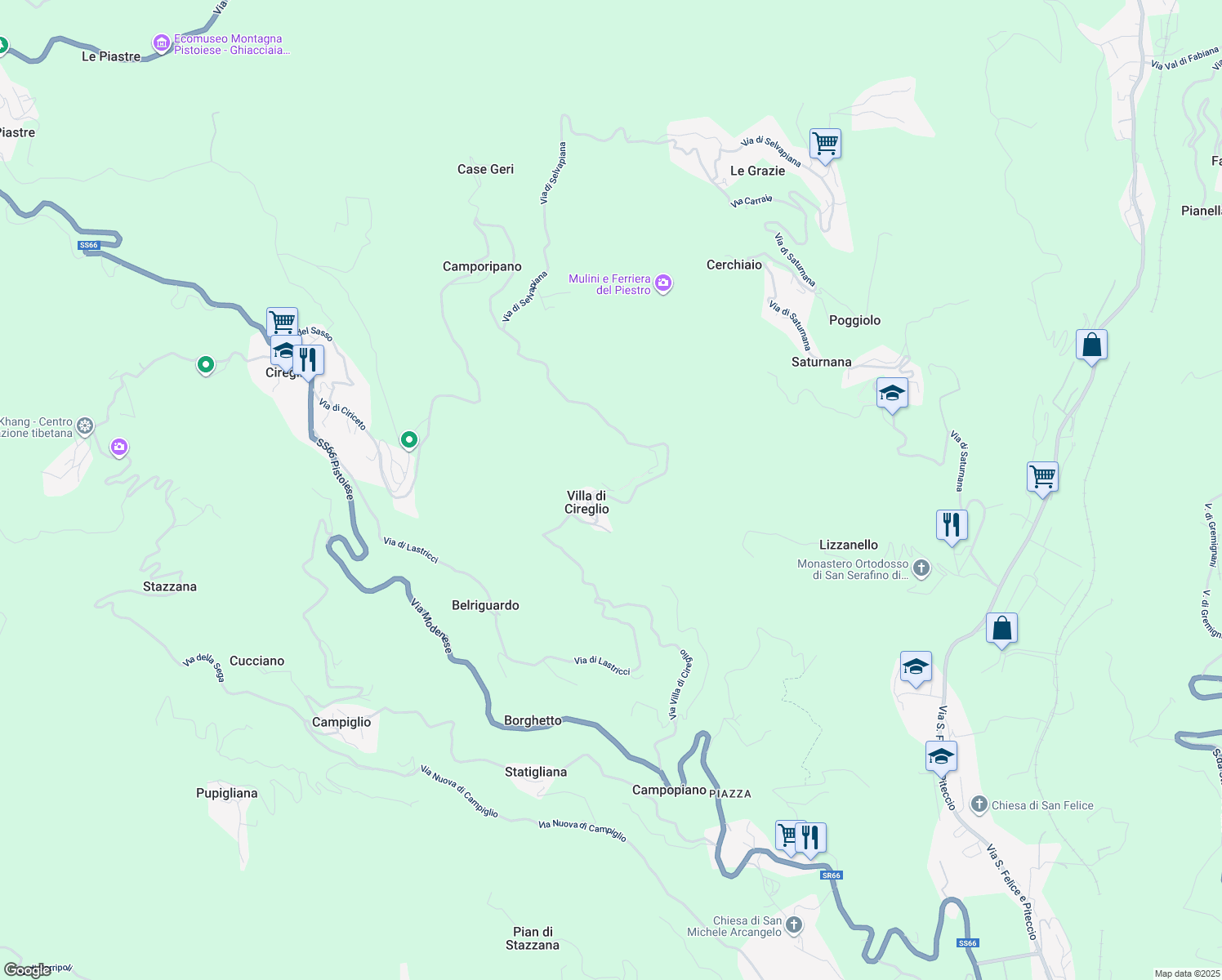 map of restaurants, bars, coffee shops, grocery stores, and more near Via Villa di Cireglio in Pistoia
