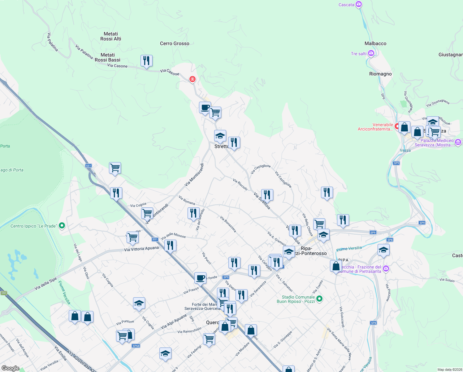 map of restaurants, bars, coffee shops, grocery stores, and more near 111 Via Risciolo in Strettoia