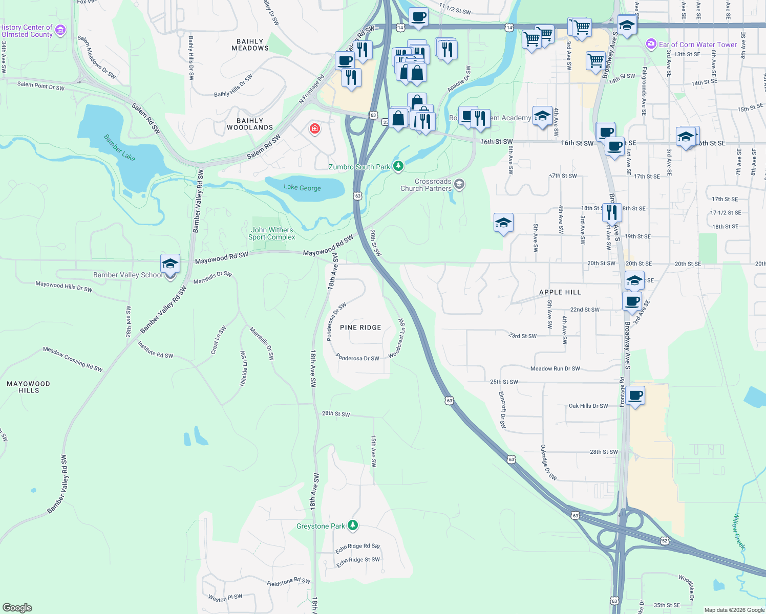 map of restaurants, bars, coffee shops, grocery stores, and more near 2129 Woodcrest Lane Southwest in Rochester