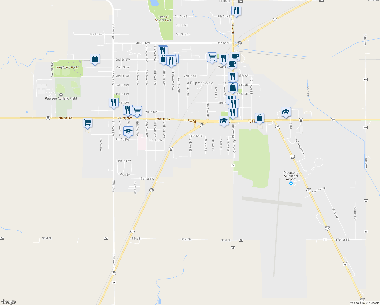 map of restaurants, bars, coffee shops, grocery stores, and more near 920 2nd Avenue Southeast in Pipestone