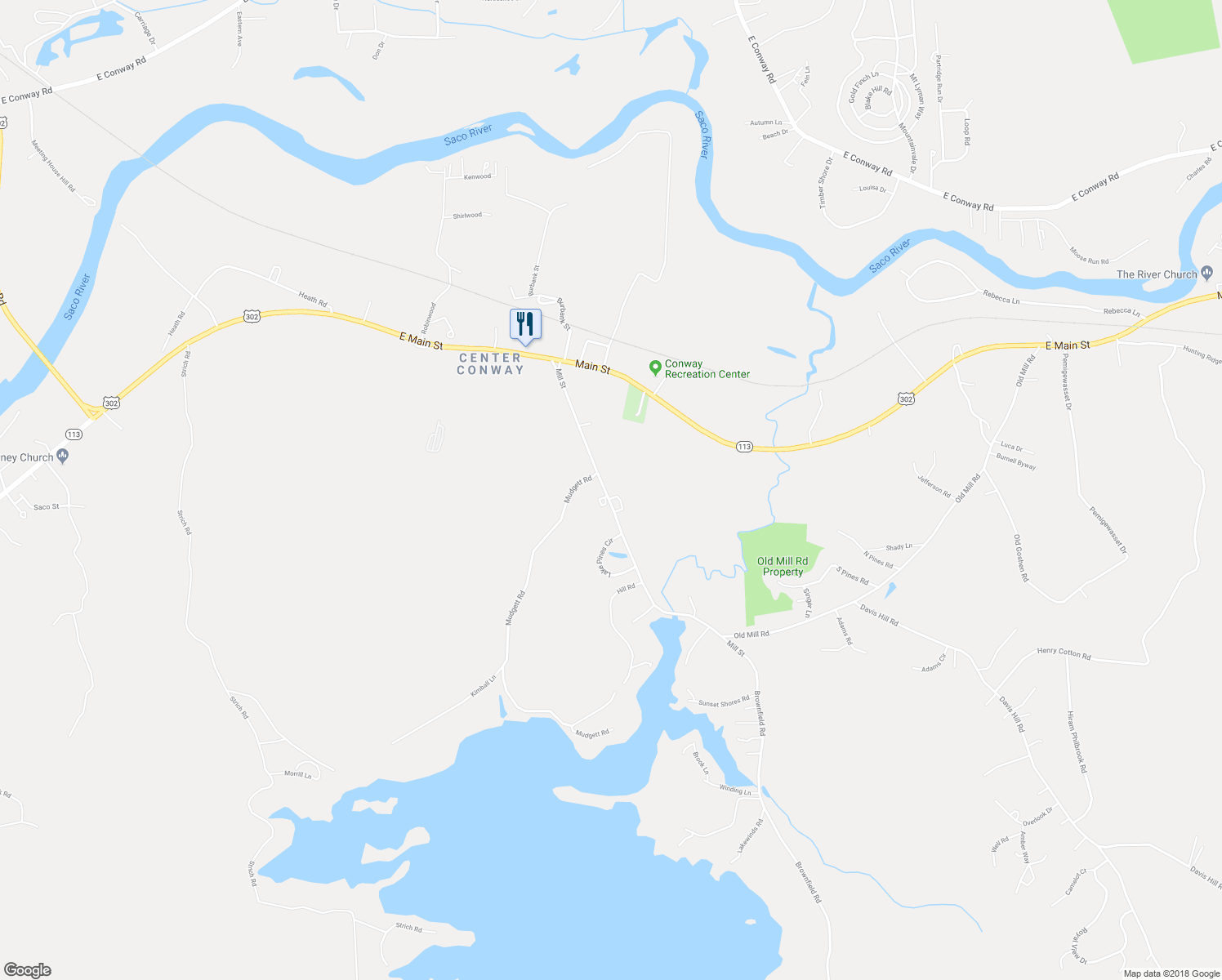 map of restaurants, bars, coffee shops, grocery stores, and more near 181 Mill Street in Conway