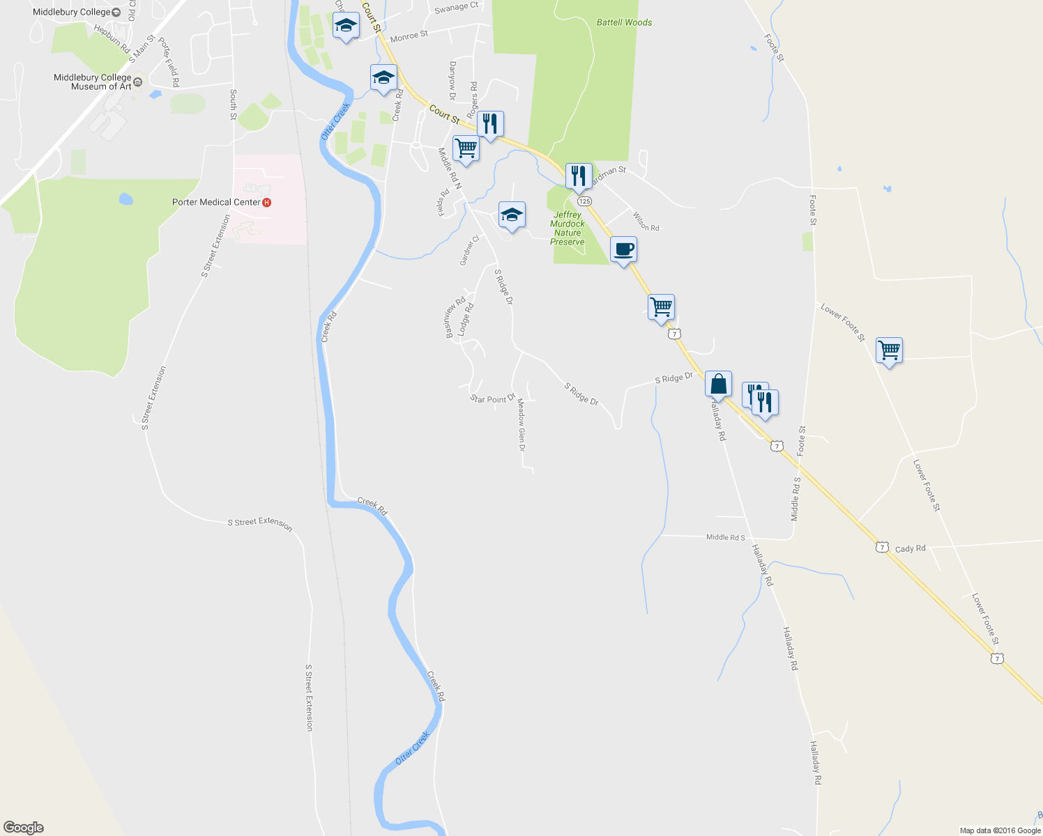 map of restaurants, bars, coffee shops, grocery stores, and more near Meadow Glen Drive in Middlebury