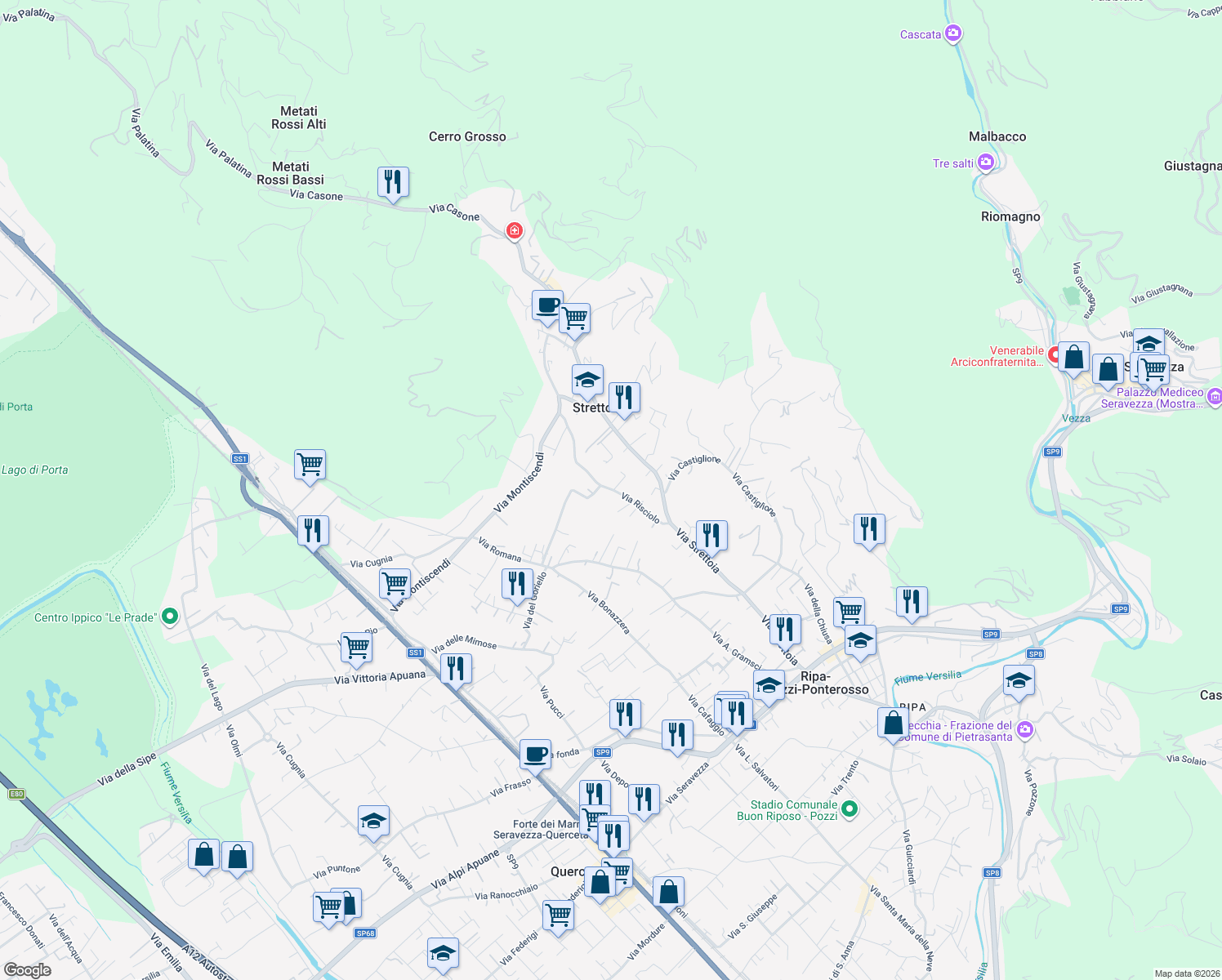 map of restaurants, bars, coffee shops, grocery stores, and more near 111 Via Risciolo in Strettoia