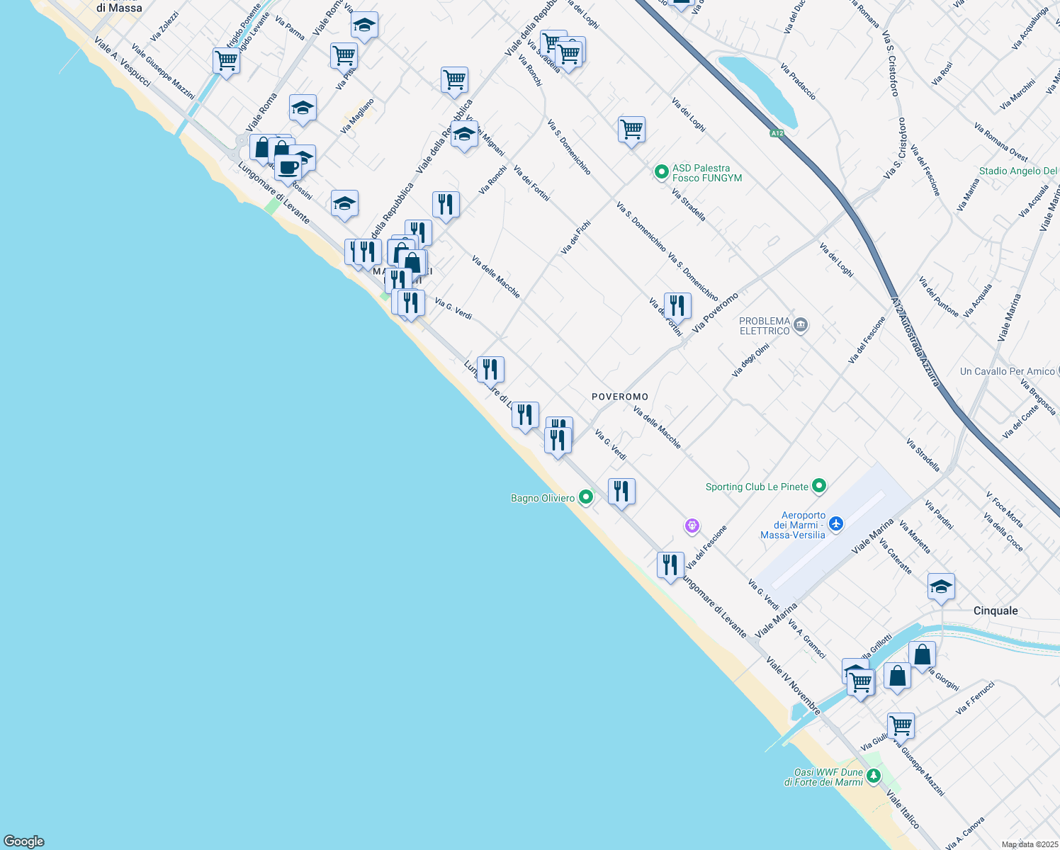 map of restaurants, bars, coffee shops, grocery stores, and more near 138-152 Lungomare di Levante in Massa