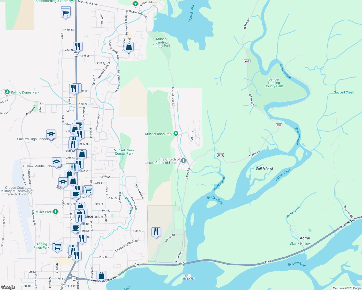 map of restaurants, bars, coffee shops, grocery stores, and more near 2964 Munsel Lake Rd in Florence