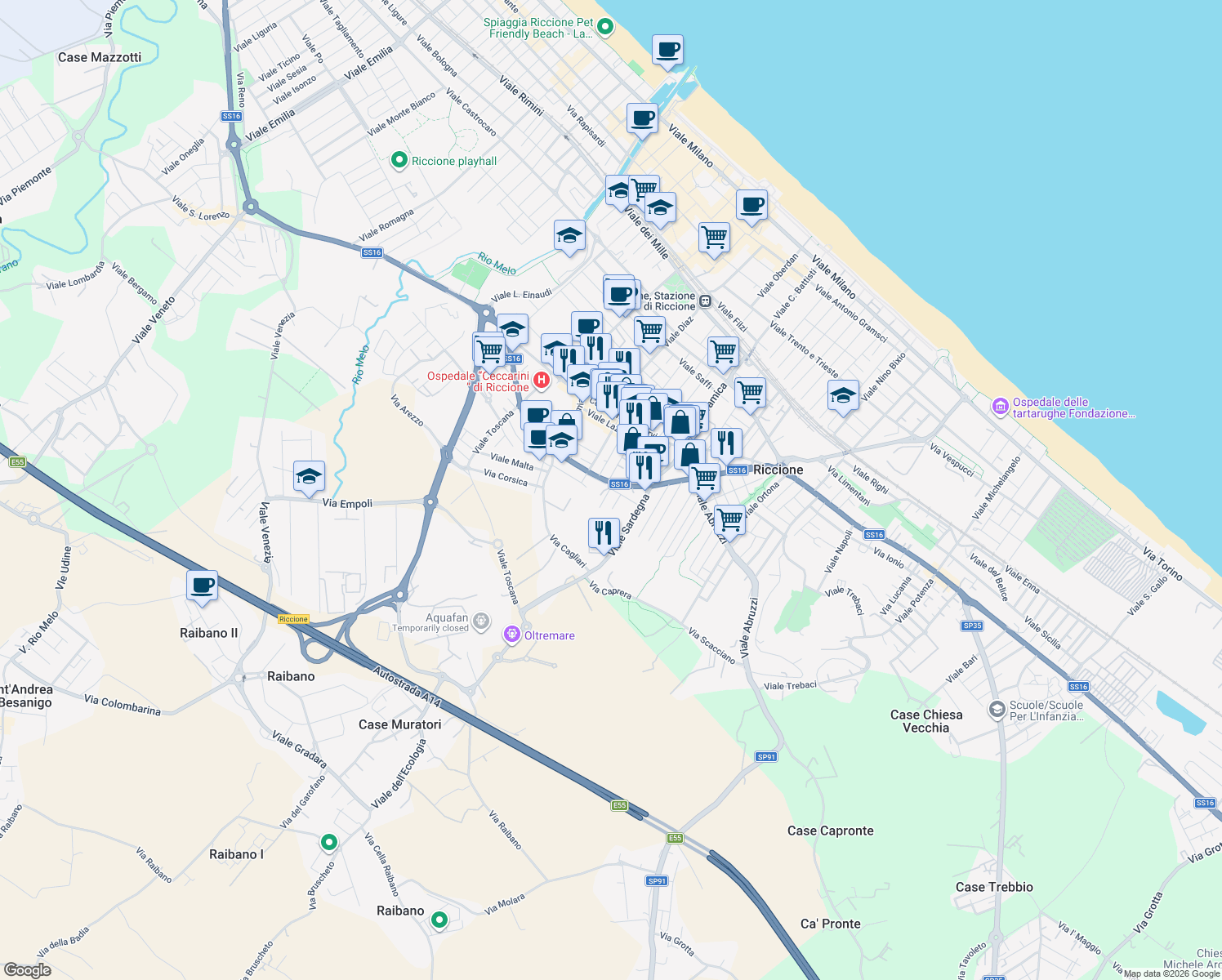 map of restaurants, bars, coffee shops, grocery stores, and more near 22 Via Adua in Riccione
