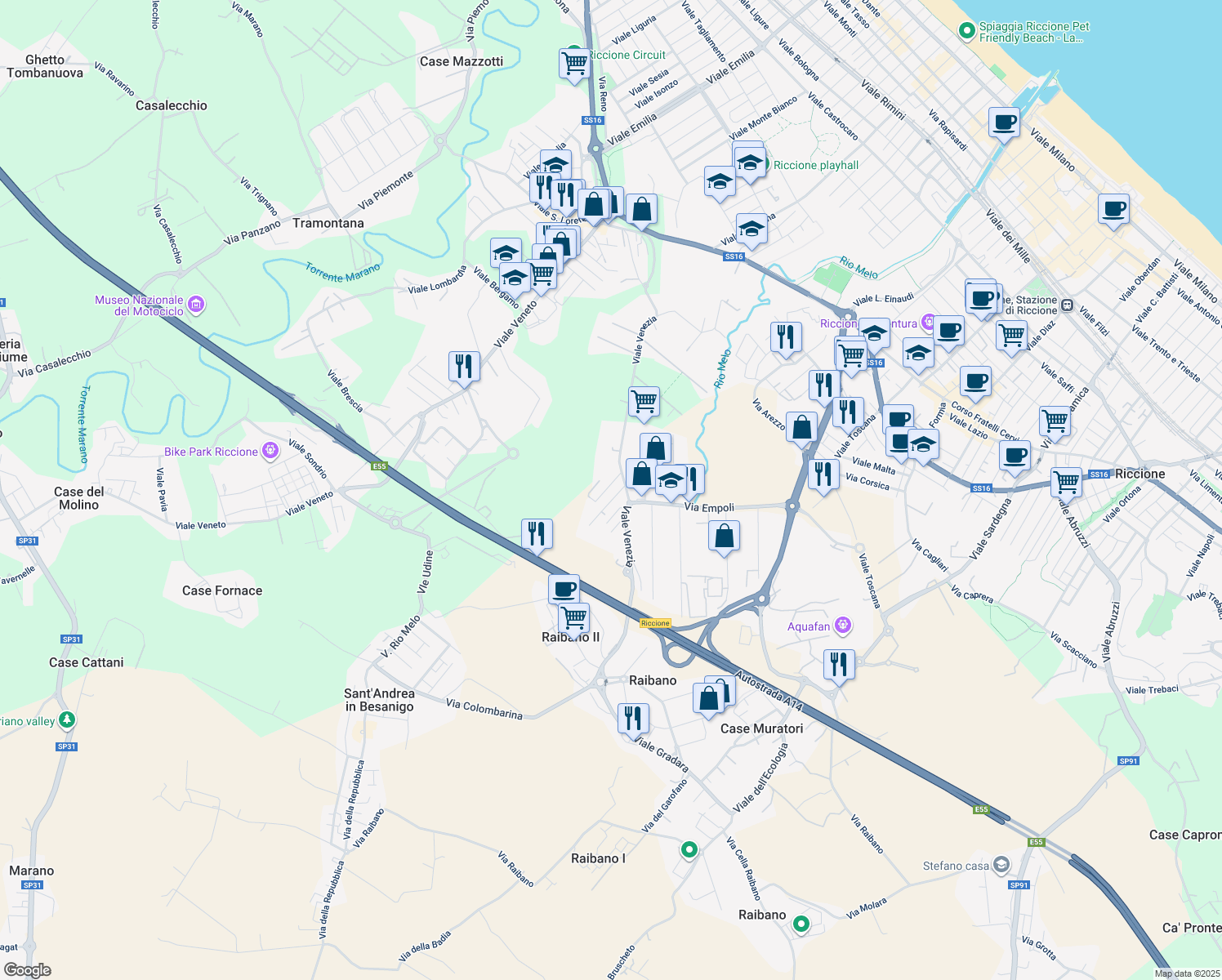 map of restaurants, bars, coffee shops, grocery stores, and more near 7 Viale Villadose in Riccione