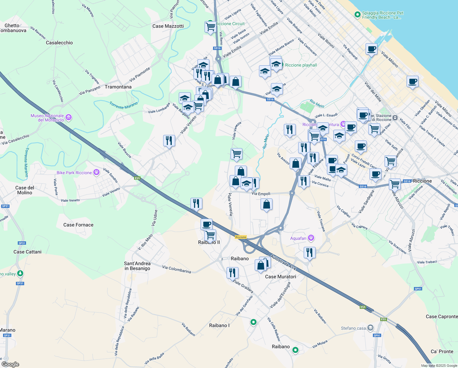 map of restaurants, bars, coffee shops, grocery stores, and more near 7 Viale Villadose in Riccione