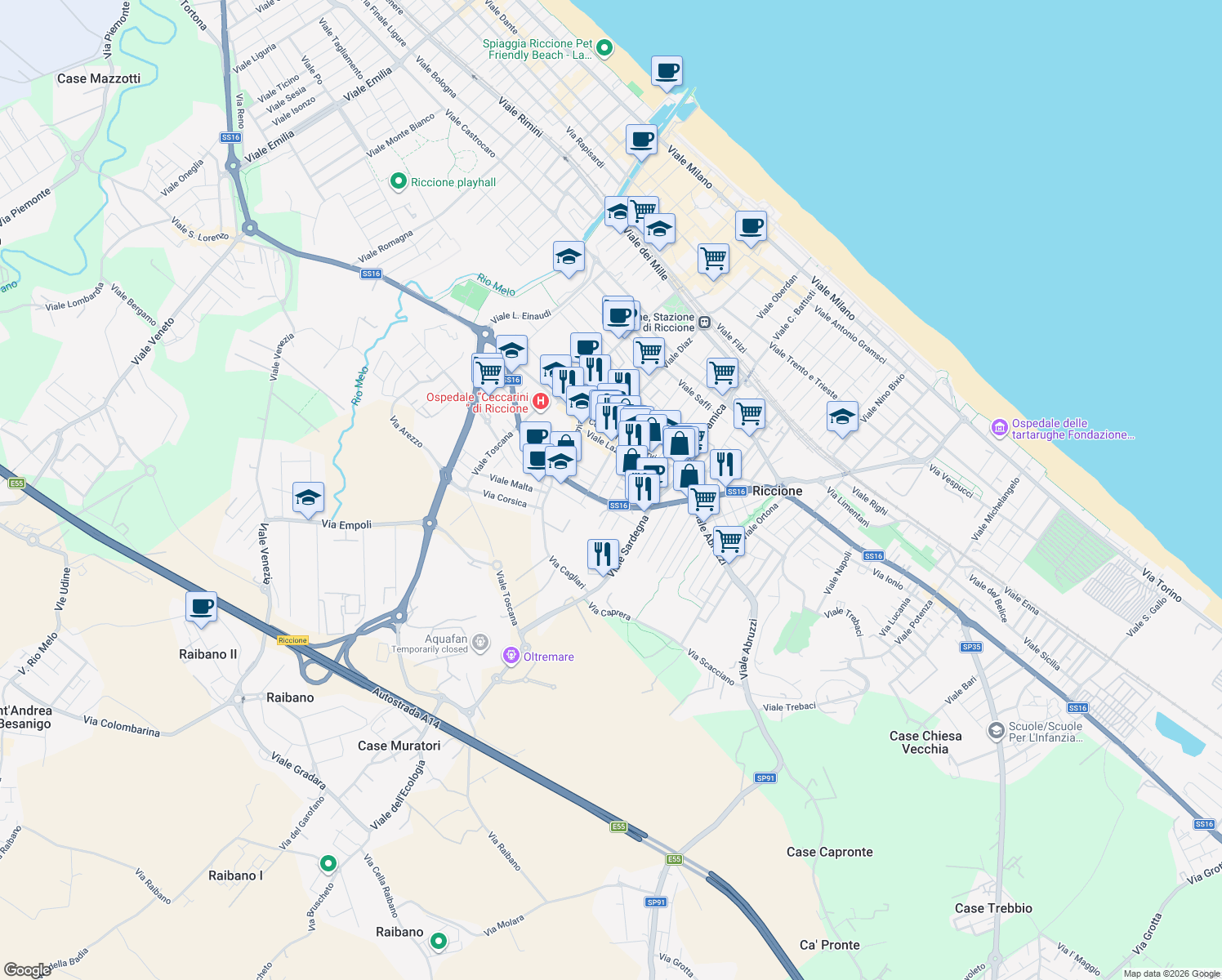 map of restaurants, bars, coffee shops, grocery stores, and more near 22 Via Adua in Riccione