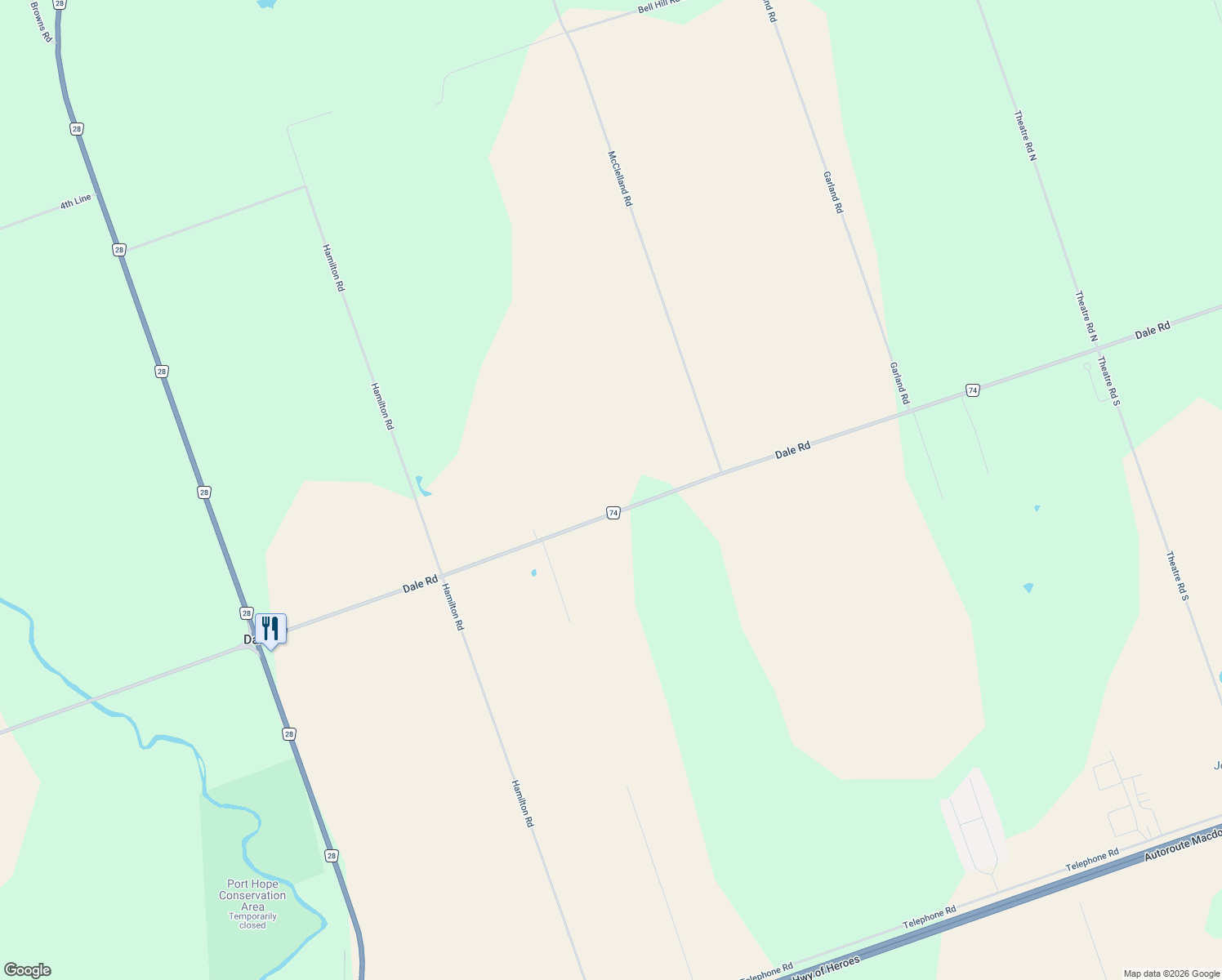 map of restaurants, bars, coffee shops, grocery stores, and more near 7158 Dale Road in Port Hope