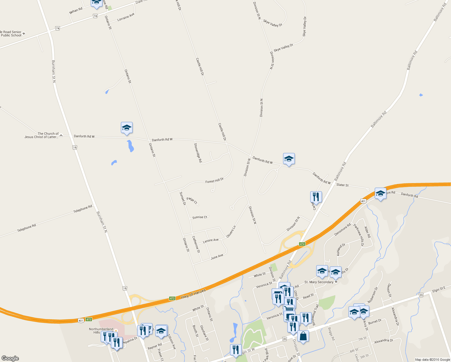 map of restaurants, bars, coffee shops, grocery stores, and more near 37 Forest Hill Drive in Cobourg