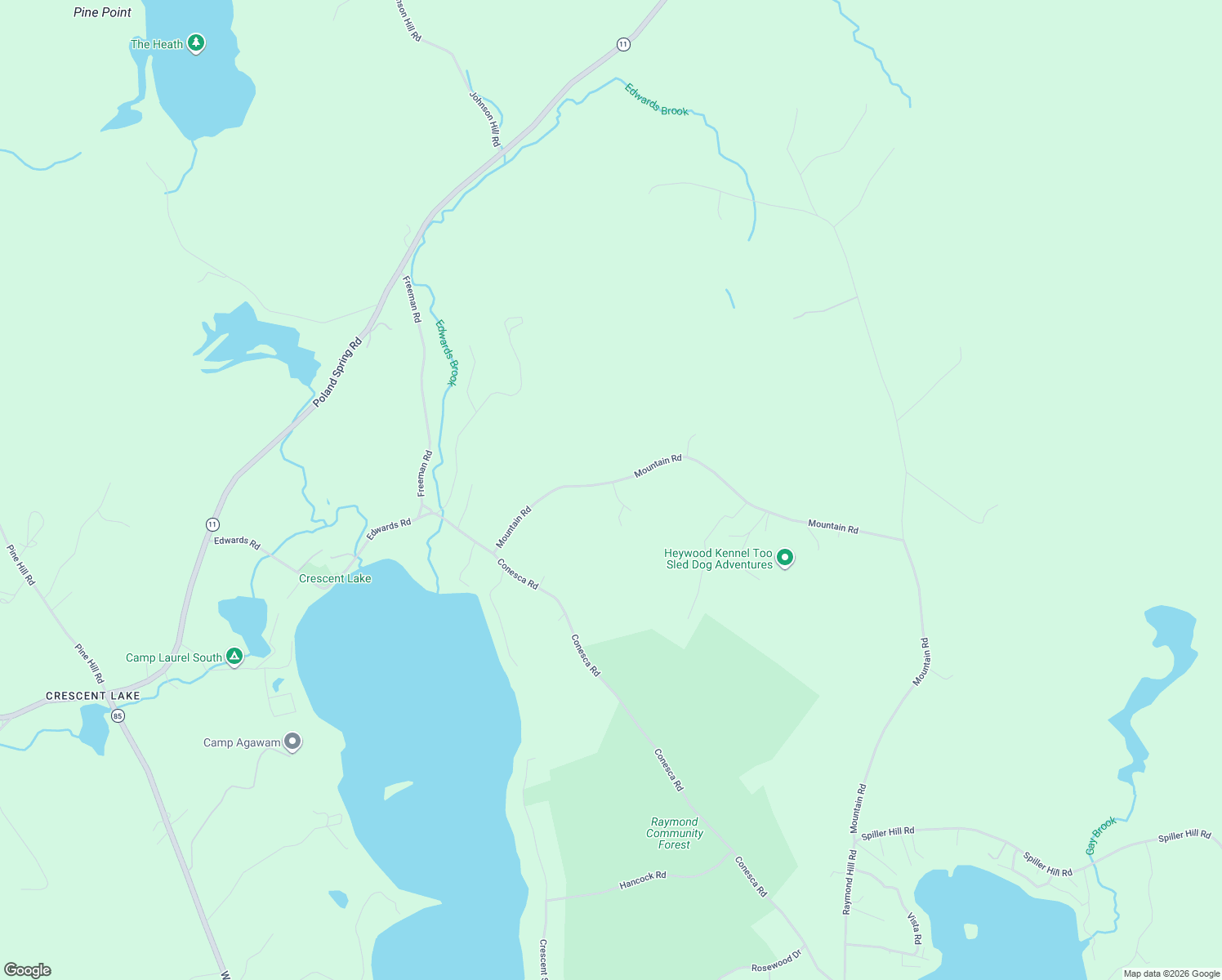 map of restaurants, bars, coffee shops, grocery stores, and more near 190 Mountain Road in Raymond