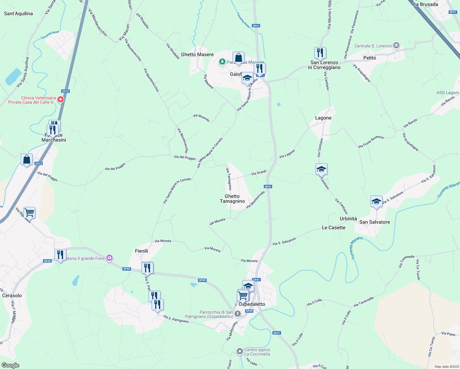 map of restaurants, bars, coffee shops, grocery stores, and more near Via Tamagnino in Provincia di Rimini