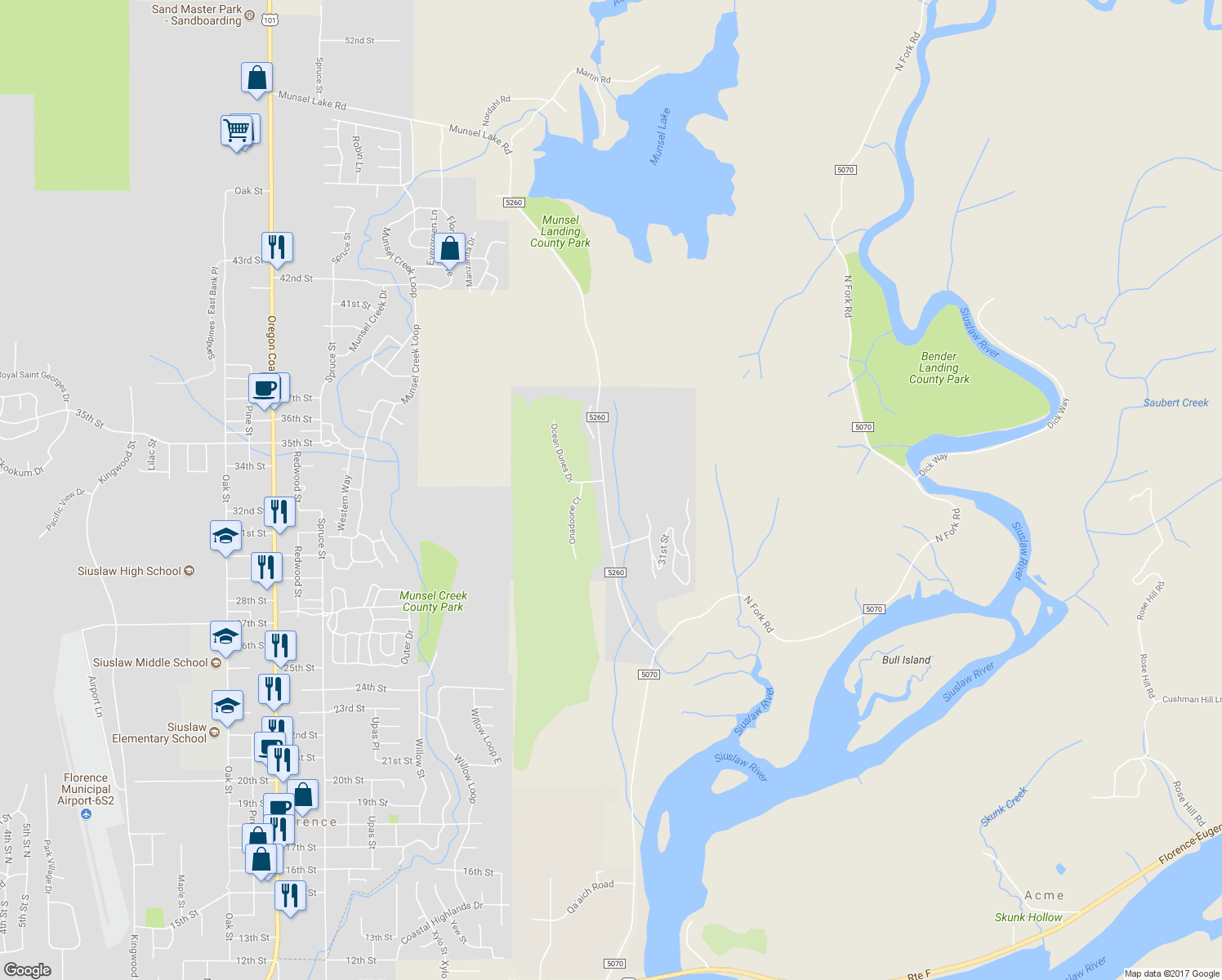 map of restaurants, bars, coffee shops, grocery stores, and more near 3292 Munsel Lake Road in Florence