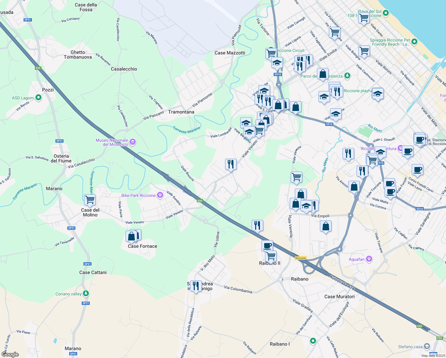 map of restaurants, bars, coffee shops, grocery stores, and more near 113 Viale Veneto in Riccione