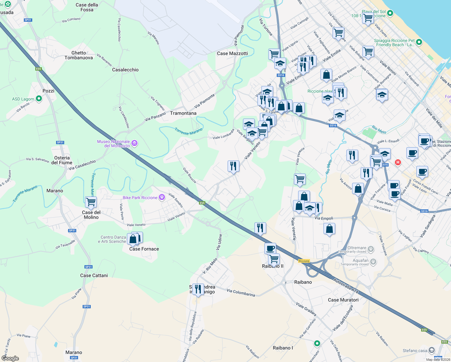 map of restaurants, bars, coffee shops, grocery stores, and more near 113 Viale Veneto in Riccione