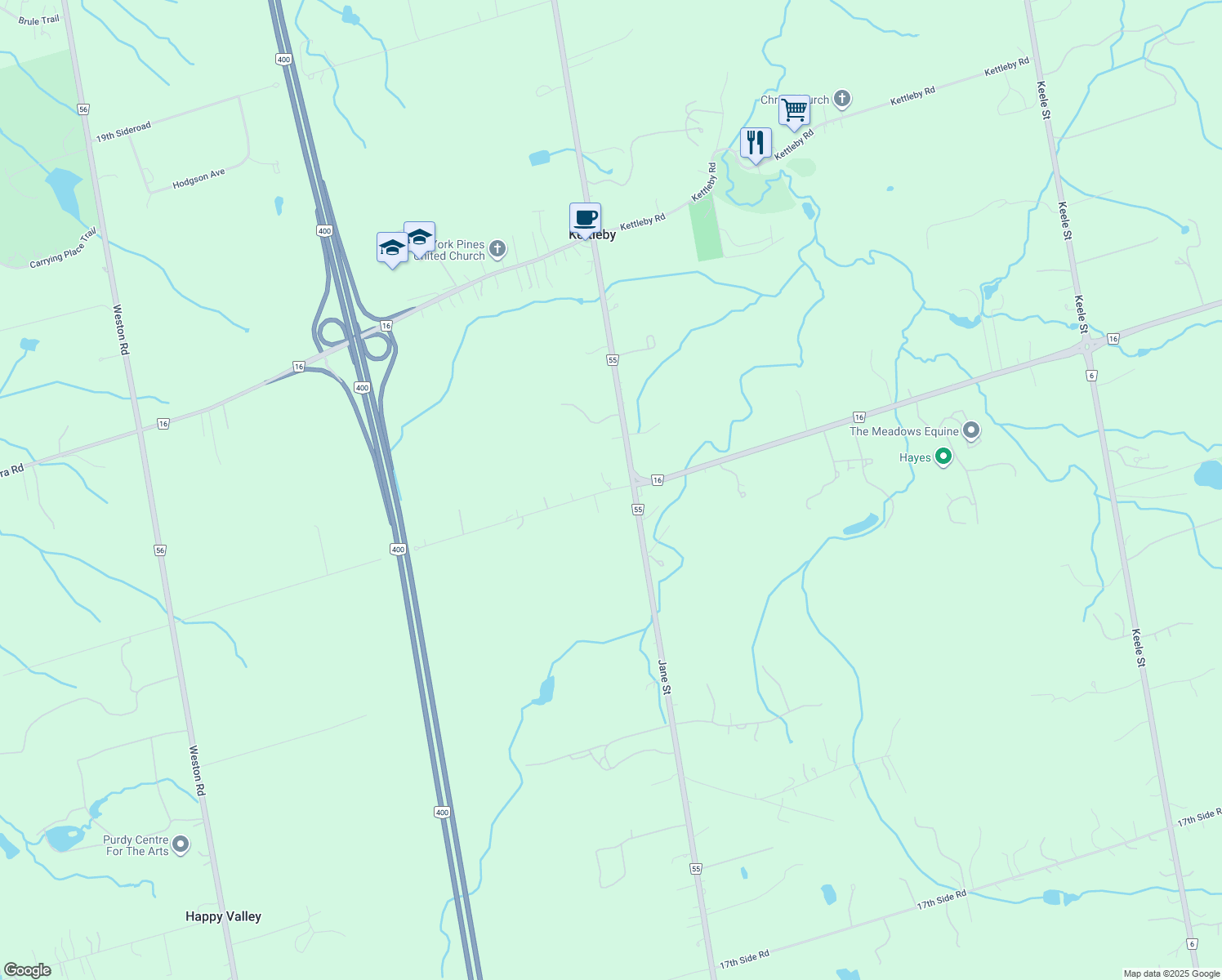map of restaurants, bars, coffee shops, grocery stores, and more near 3310 18th Side Road in King City