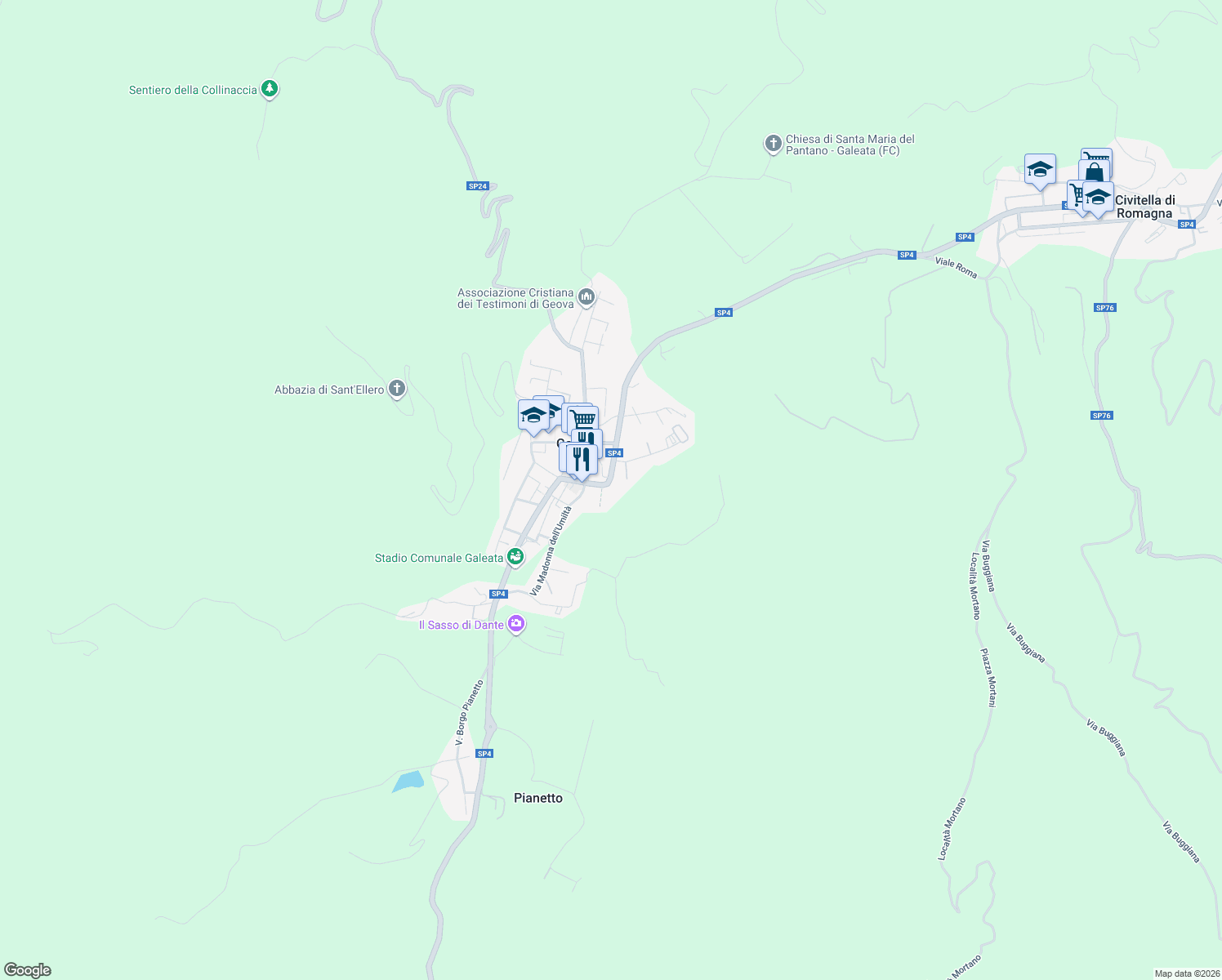 map of restaurants, bars, coffee shops, grocery stores, and more near 16 Piazza Aldo Palareti in Galeata