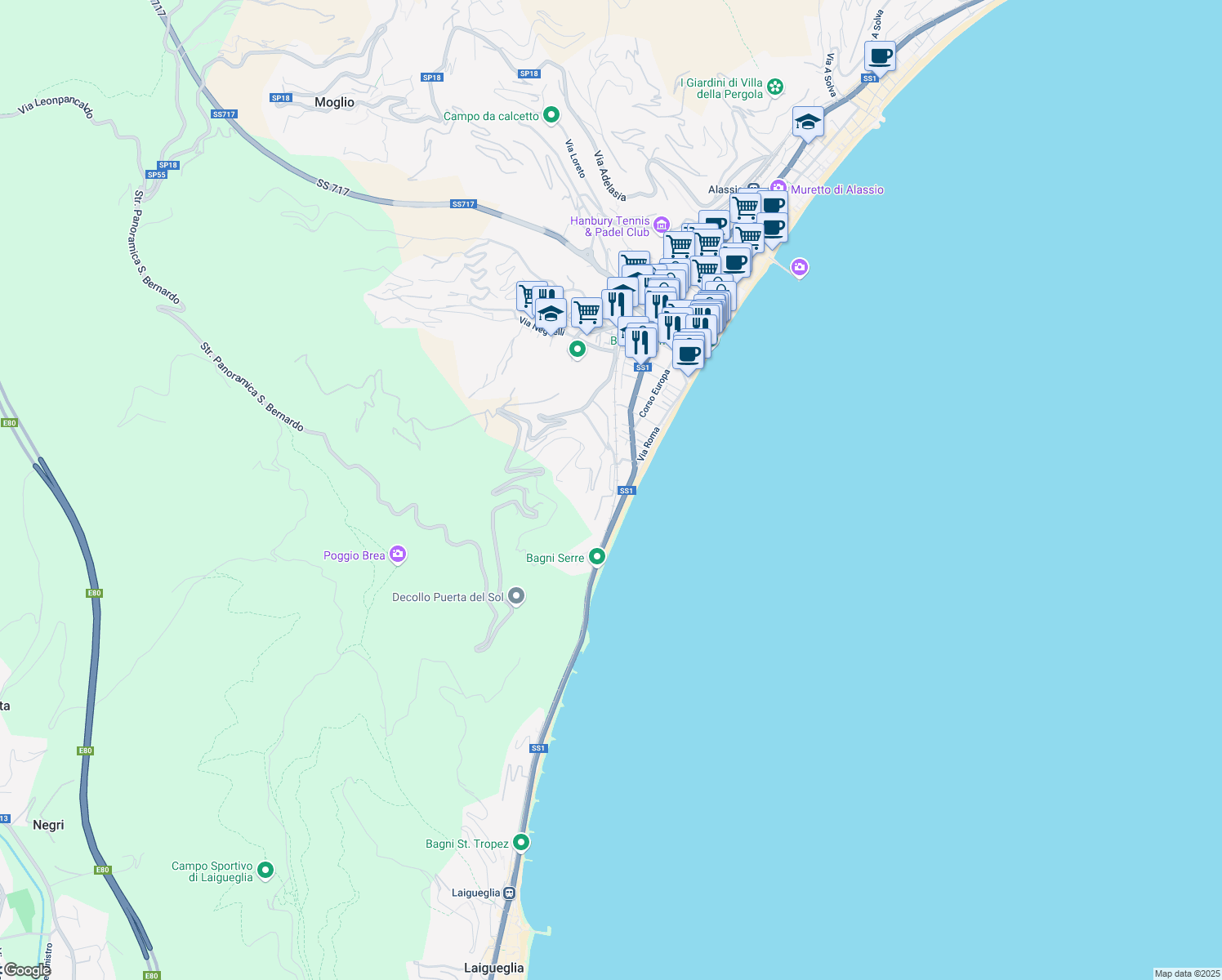 map of restaurants, bars, coffee shops, grocery stores, and more near 42 Via Amerigo Vespucci in Alassio