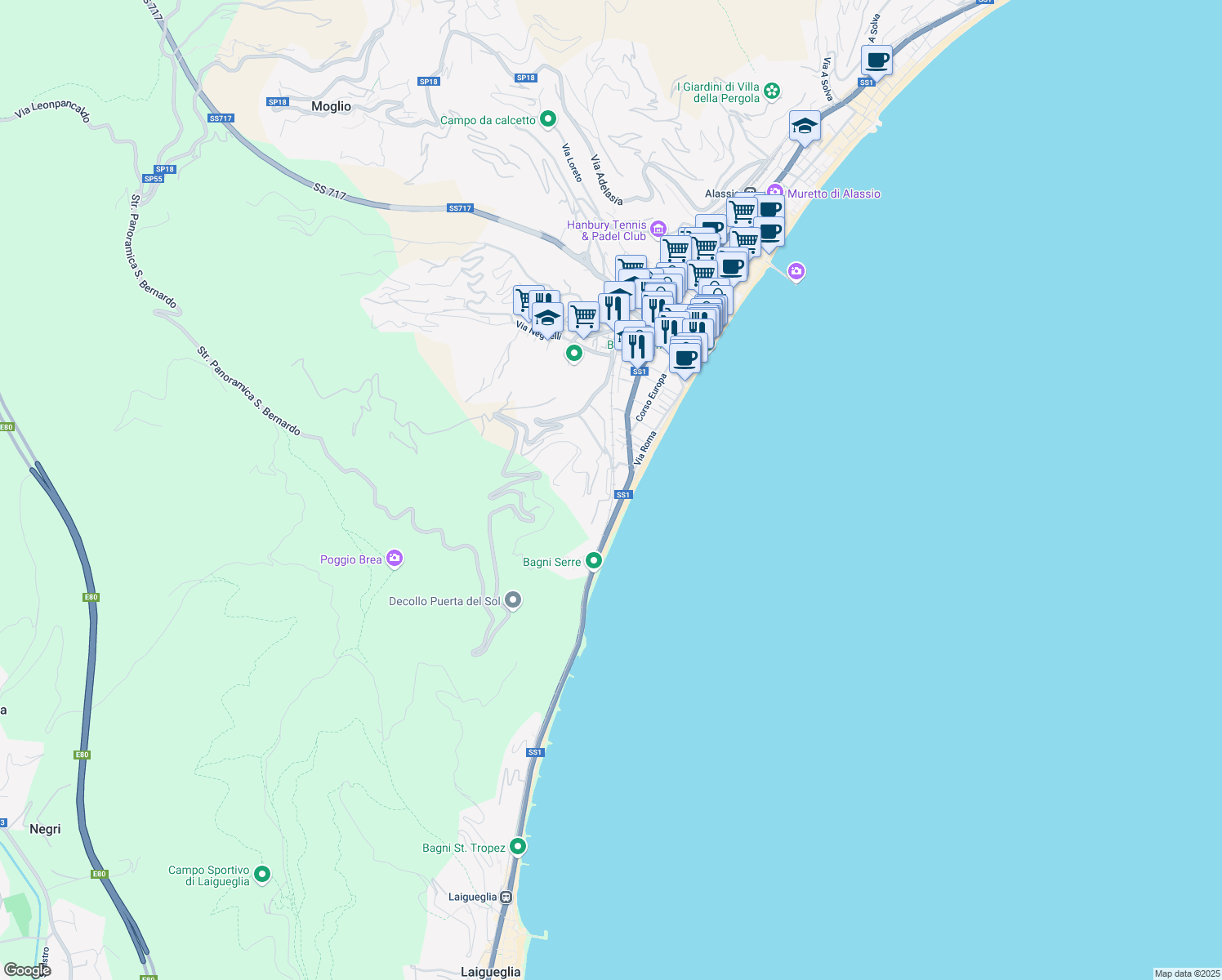 map of restaurants, bars, coffee shops, grocery stores, and more near 42 Via Amerigo Vespucci in Alassio