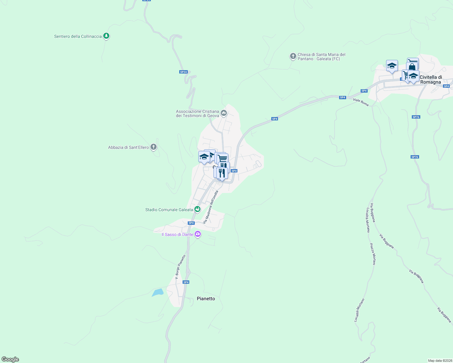 map of restaurants, bars, coffee shops, grocery stores, and more near 16 Piazza Aldo Palareti in Galeata