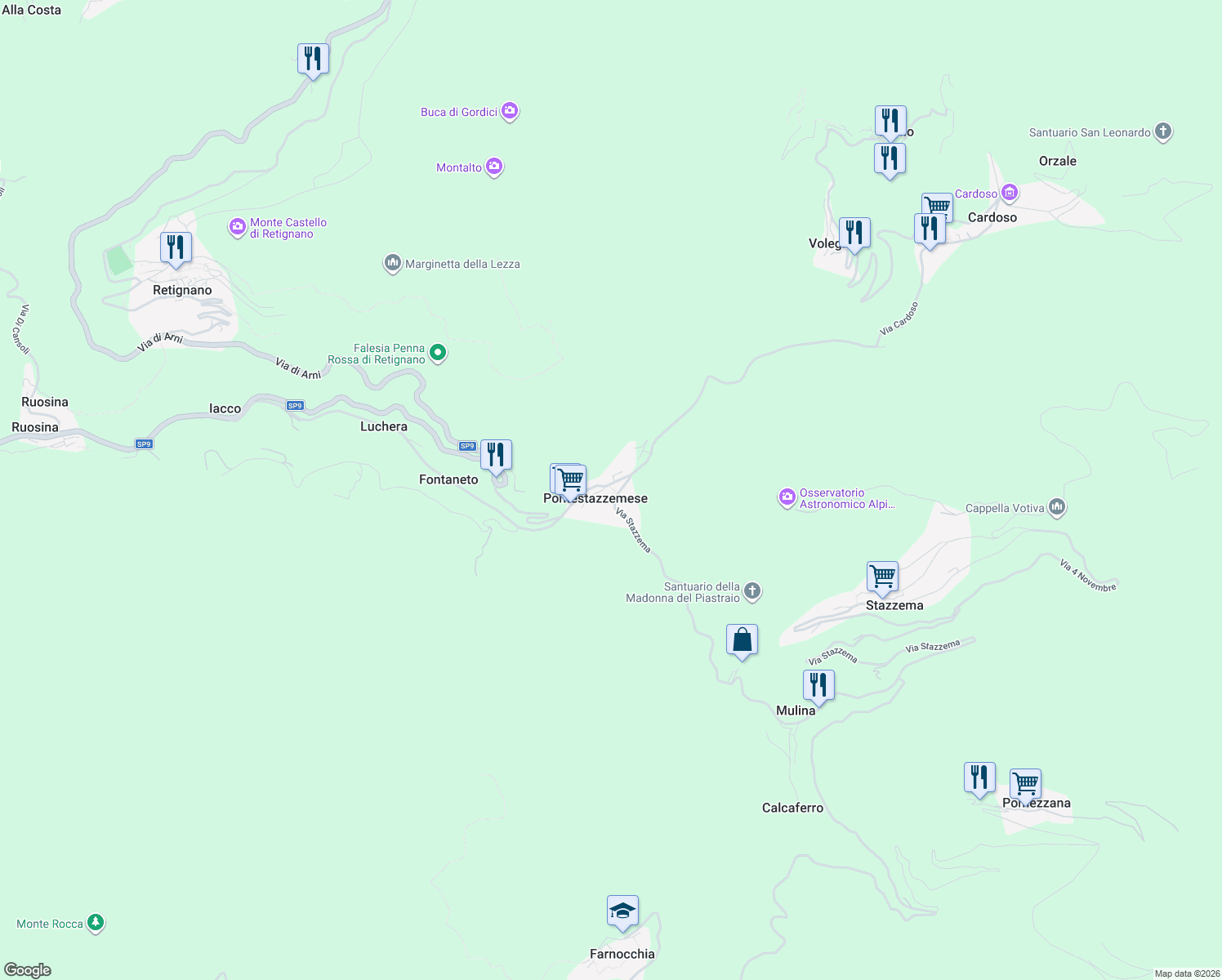 map of restaurants, bars, coffee shops, grocery stores, and more near 84 Strada Provinciale 42 in Pontestazzemese