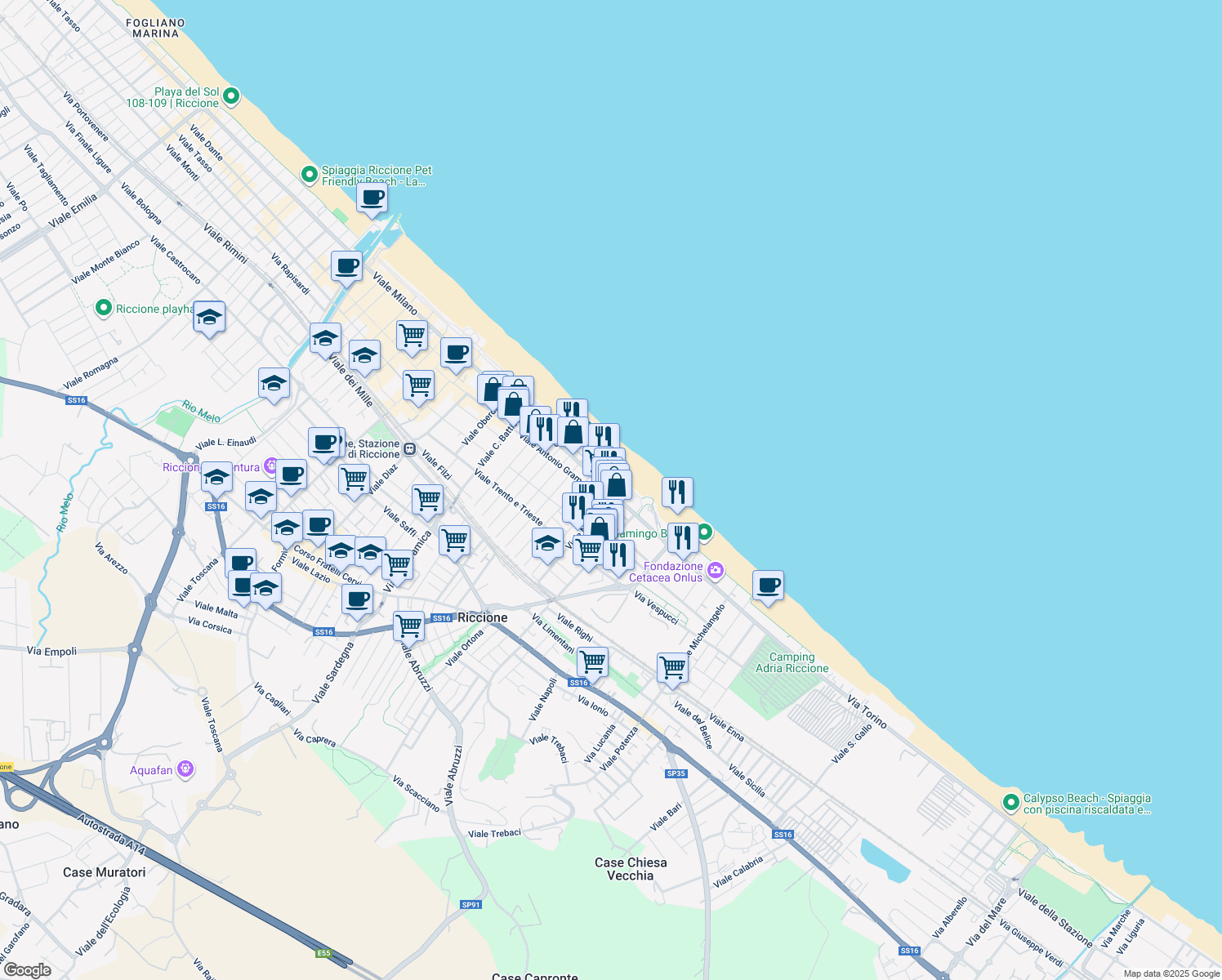 map of restaurants, bars, coffee shops, grocery stores, and more near 28 Lungomare Repubblica in Riccione