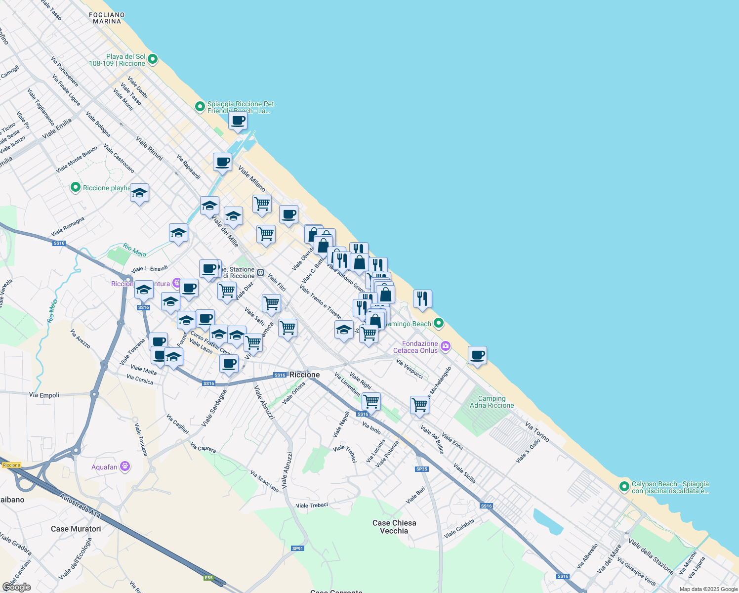 map of restaurants, bars, coffee shops, grocery stores, and more near 91 Viale Antonio Gramsci in Riccione