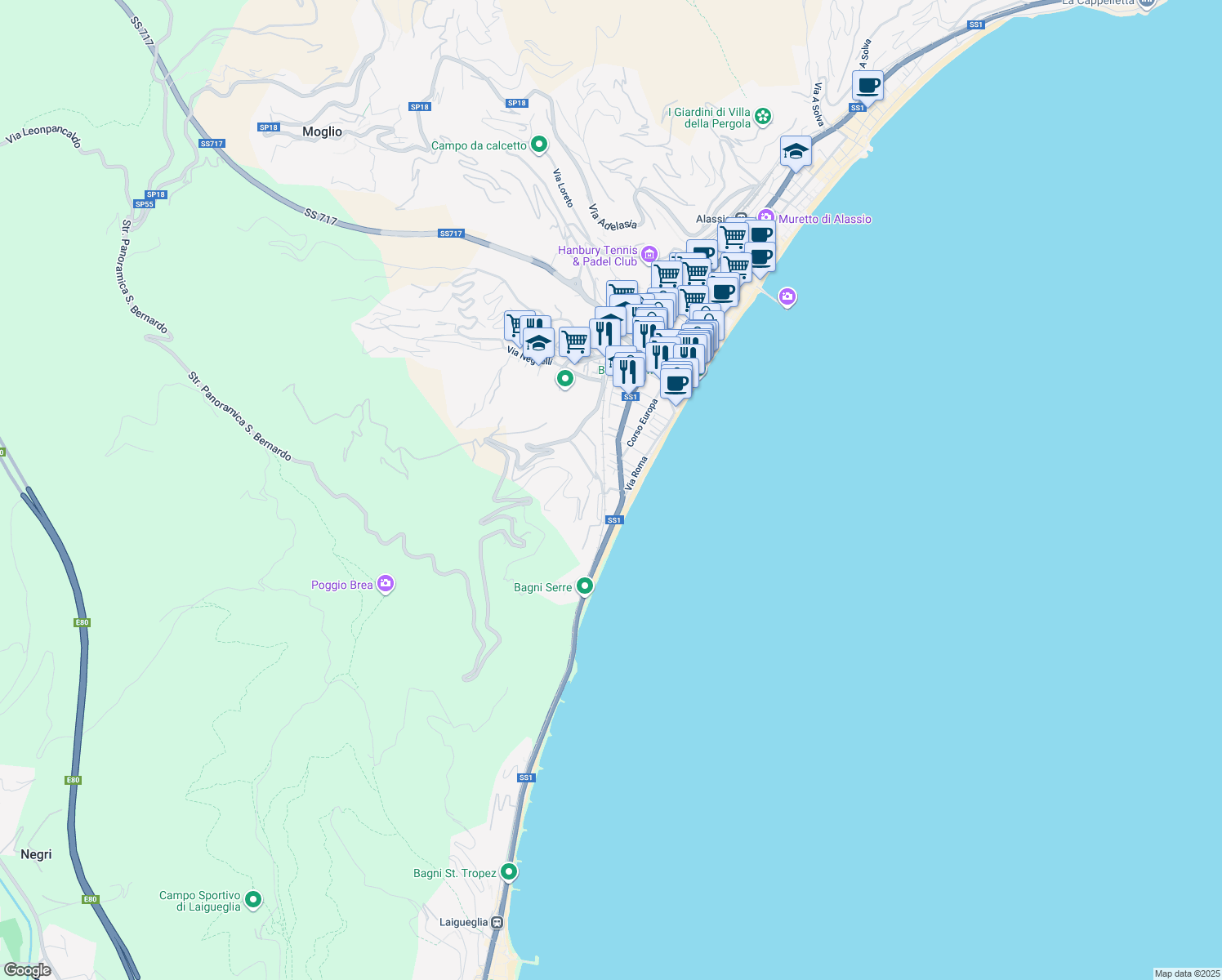 map of restaurants, bars, coffee shops, grocery stores, and more near 5 Via Napoleone Bonaparte in Alassio