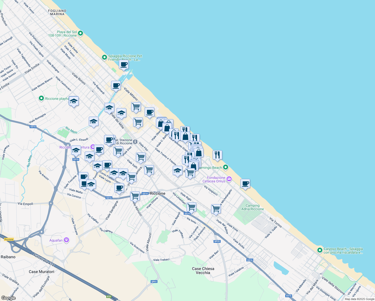 map of restaurants, bars, coffee shops, grocery stores, and more near 91 Viale Antonio Gramsci in Riccione