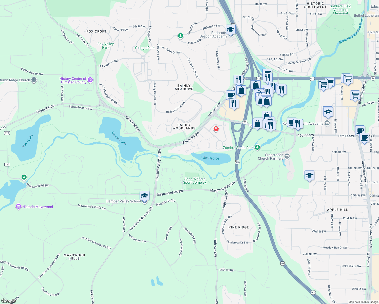 map of restaurants, bars, coffee shops, grocery stores, and more near 2012 Southfield Court Southwest in Rochester