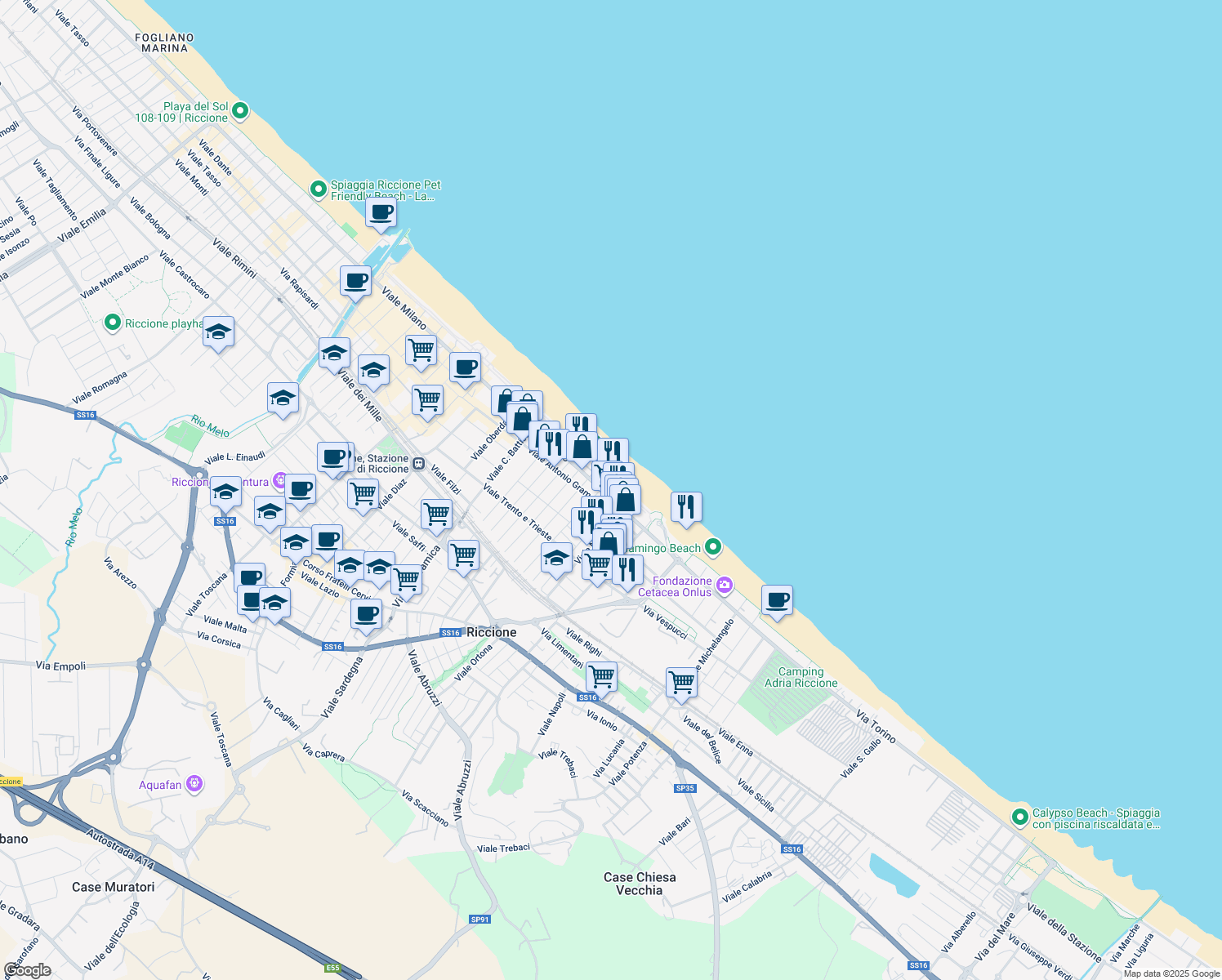 map of restaurants, bars, coffee shops, grocery stores, and more near 28 Lungomare Repubblica in Riccione
