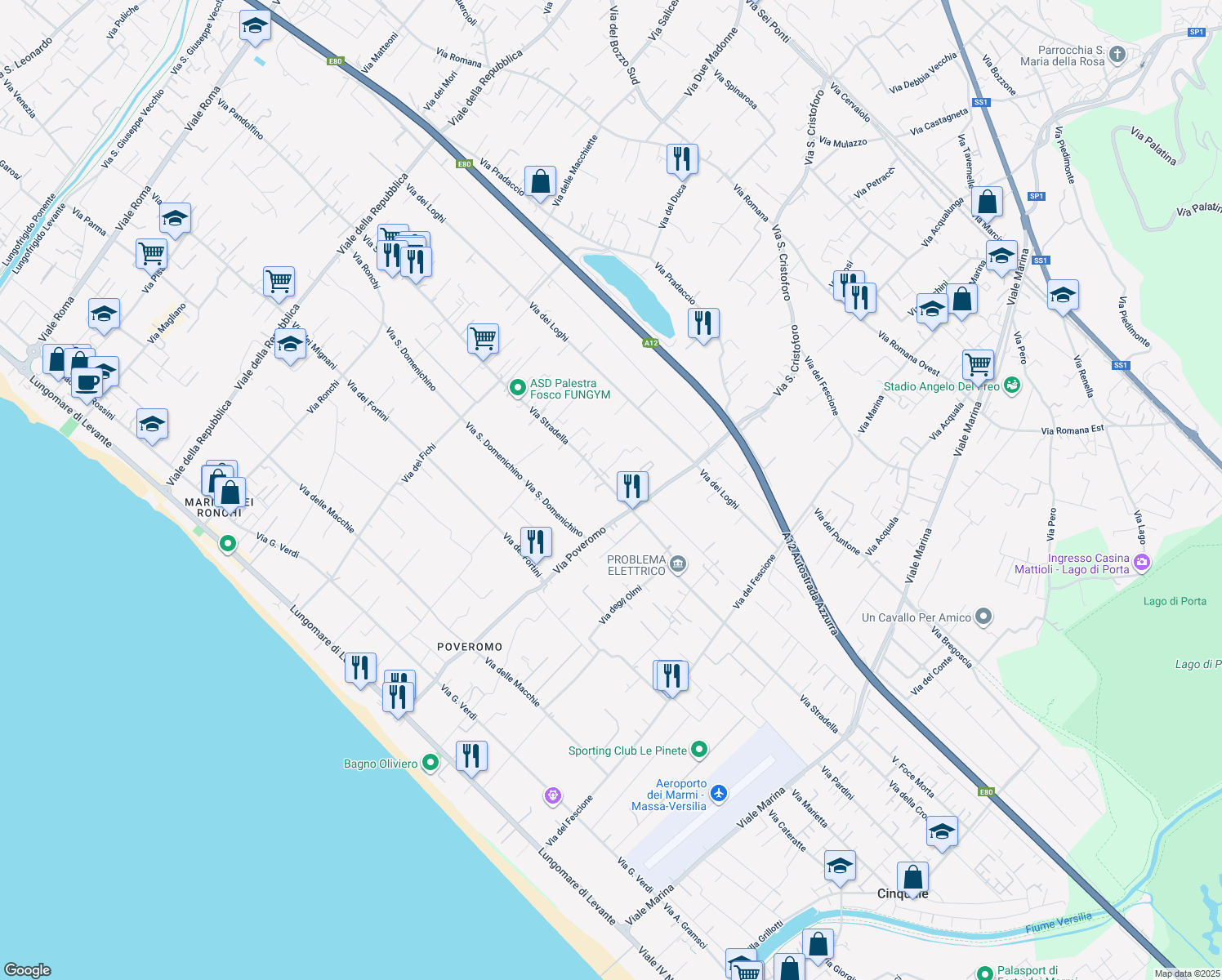 map of restaurants, bars, coffee shops, grocery stores, and more near 112 Via Stradella in Massa
