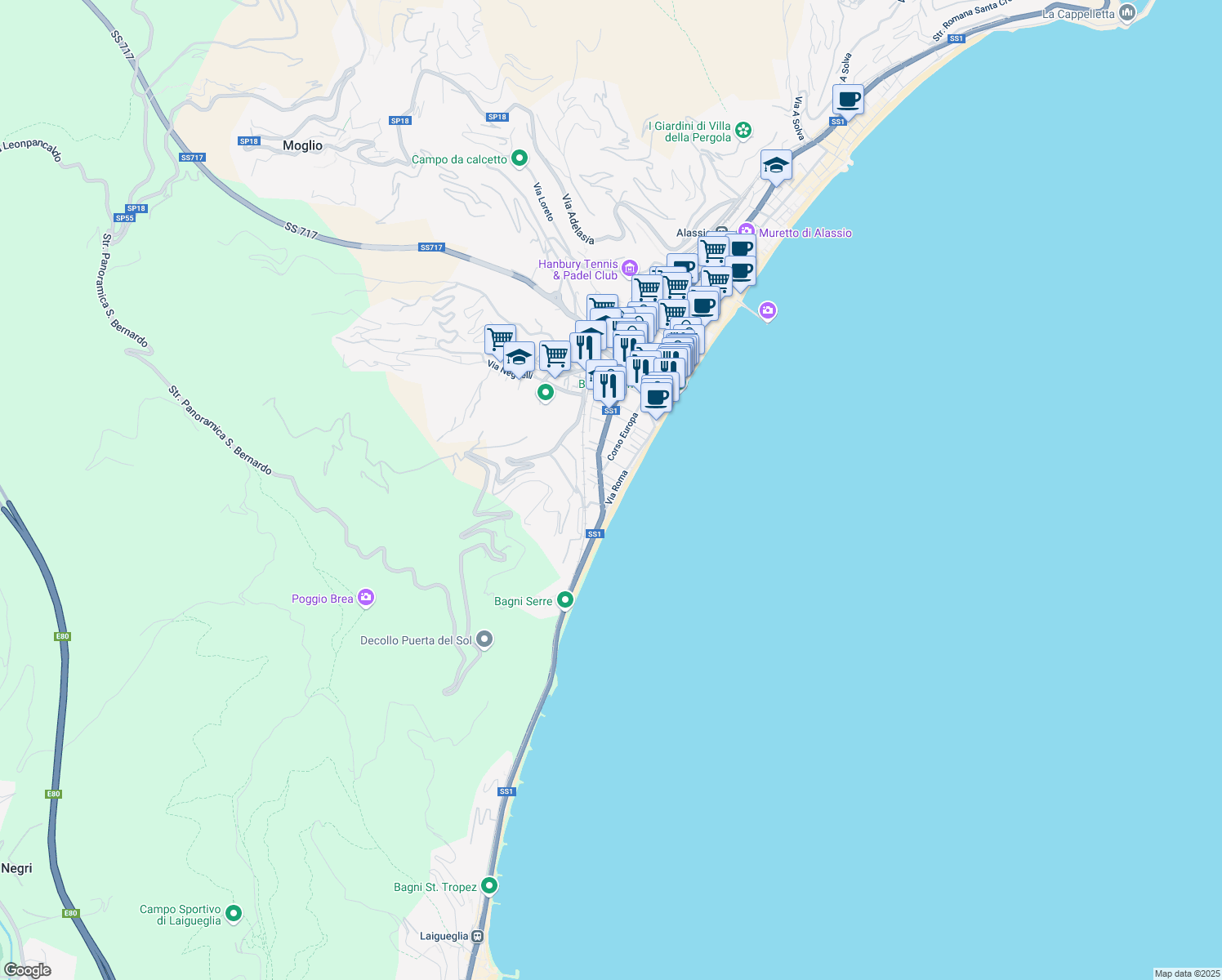 map of restaurants, bars, coffee shops, grocery stores, and more near 78 Via Roma in Alassio